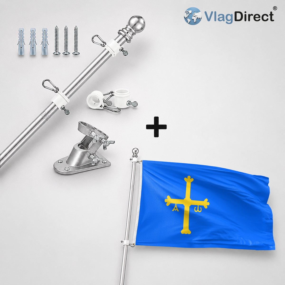 VlagDirect - Compleet vlaggenpakket - Zilveren vlaggenstok inclusief vlaggenstokhouder + Asturische vlag - Asturias vlag - 90 x 150 cm.