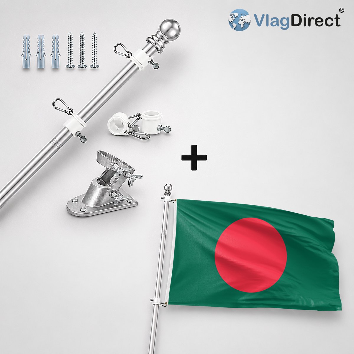 VlagDirect - Compleet vlaggenpakket - Zilveren vlaggenstok inclusief vlaggenstokhouder + Bengaalse vlag - Bangladesh vlag - 90 x 150 cm.
