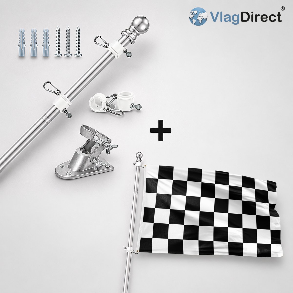 VlagDirect - Compleet vlaggenpakket - Zilveren vlaggenstok inclusief vlaggenstokhouder + Start vlag - Begin race vlag - 90 x 150 cm.