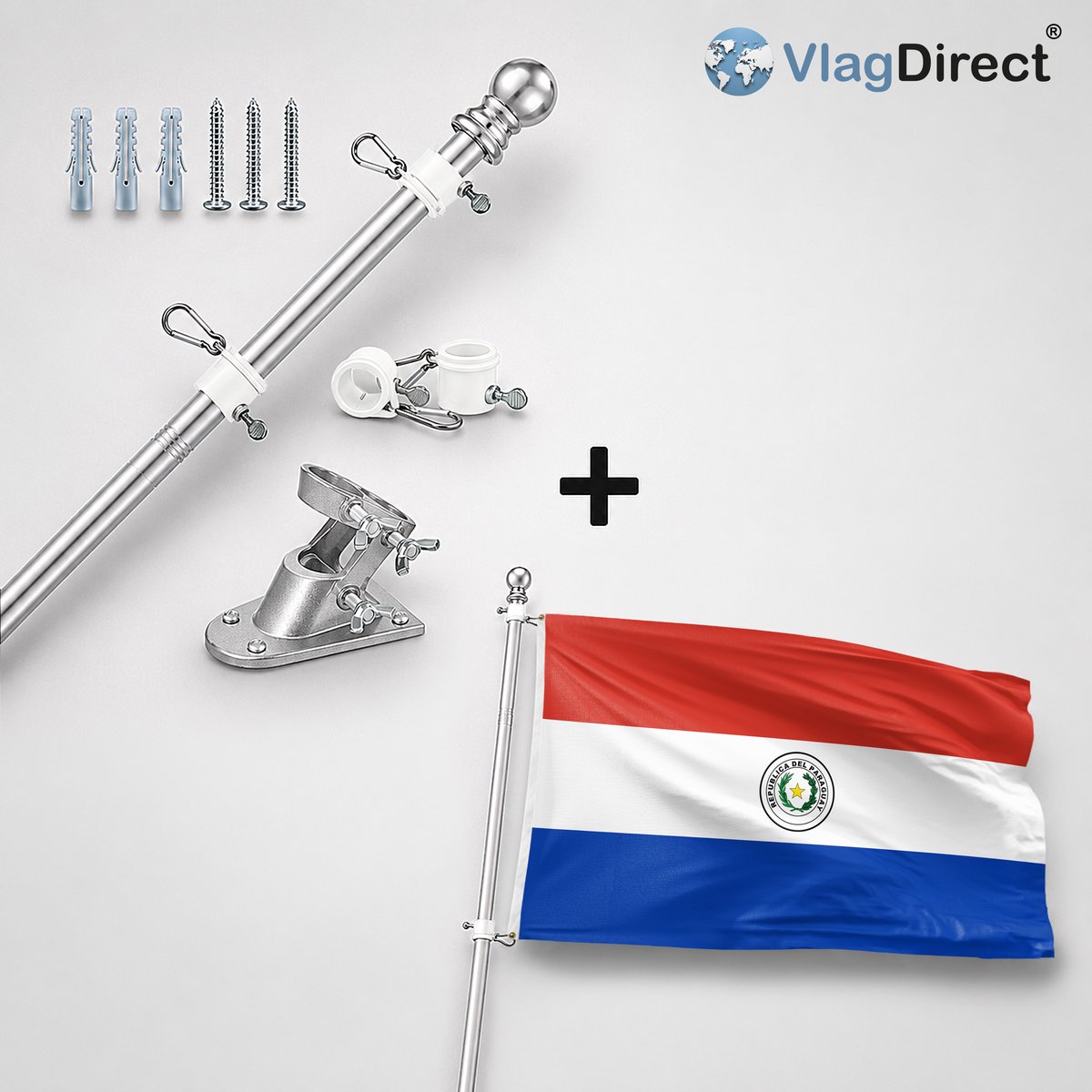 VlagDirect - Compleet vlaggenpakket - Zilveren vlaggenstok inclusief vlaggenstokhouder + Paraguayaanse vlag - Paraguay vlag - 90 x 150 cm