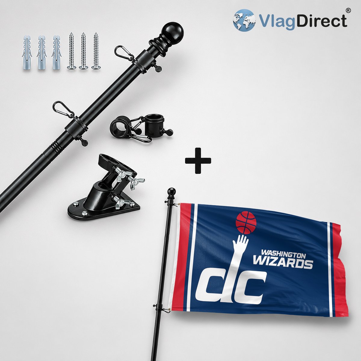 VlagDirect - Compleet vlaggenpakket - Zwarte vlaggenstok inclusief vlaggenstokhouder + Washington Wizards vlag - Washington Wizards basketbalteam vlag - 90 x 150 cm.