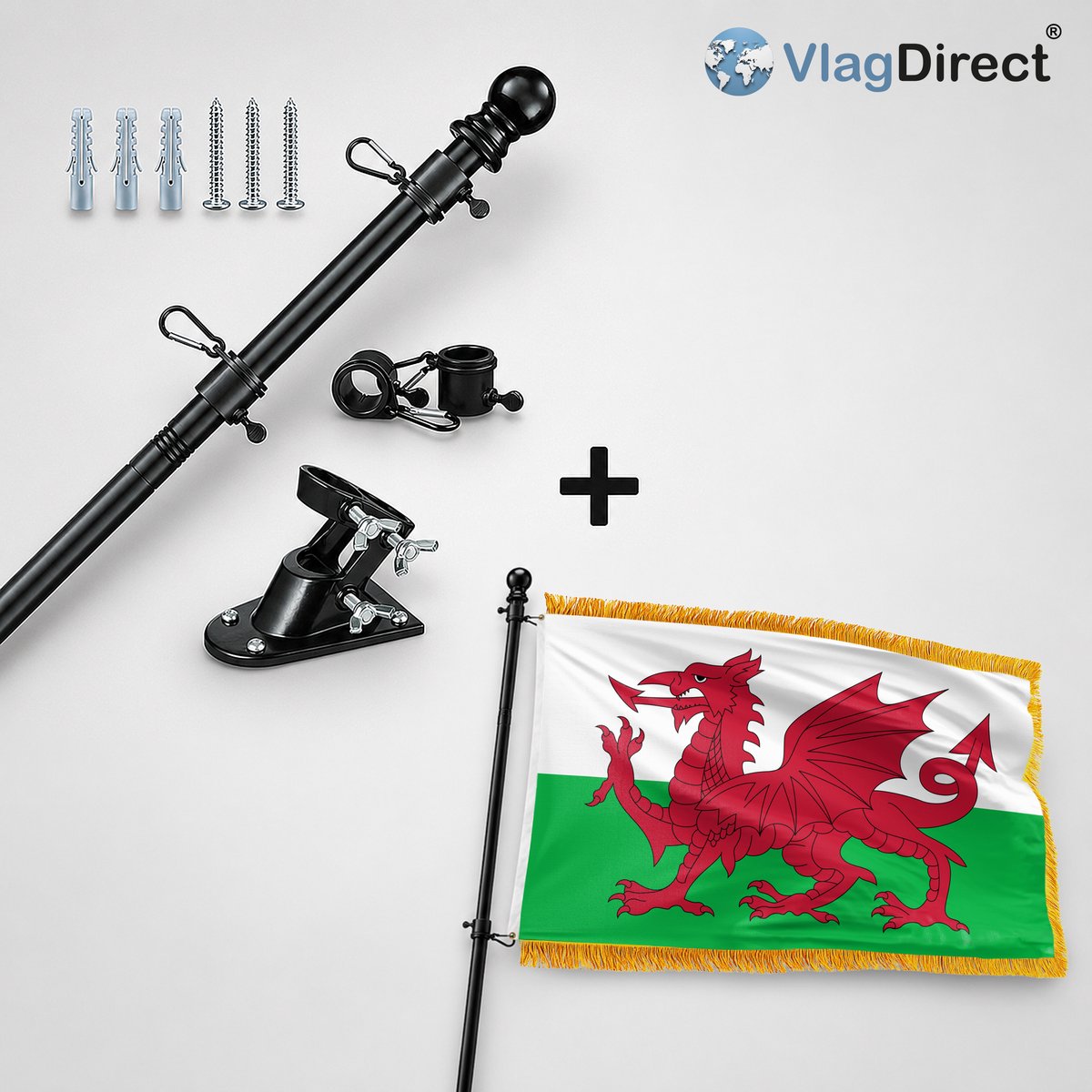 VlagDirect - Compleet vlaggenpakket - Zwarte vlaggenstok inclusief vlaggenstokhouder + Welshe vlag- Wales vlag - 90 x 150 cm.