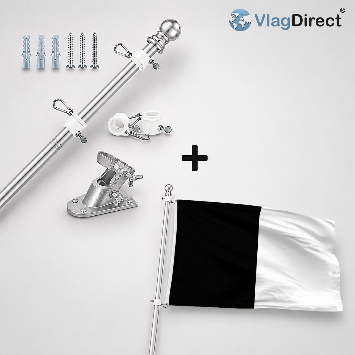 VlagDirect - Compleet vlaggenpakket - Zilveren vlaggenstok inclusief vlaggenstokhouder + Sint-Lambrechtse vlag - Gemeente Sint-Lambrechts-Woluwe vlag - 90 x 150 cm.