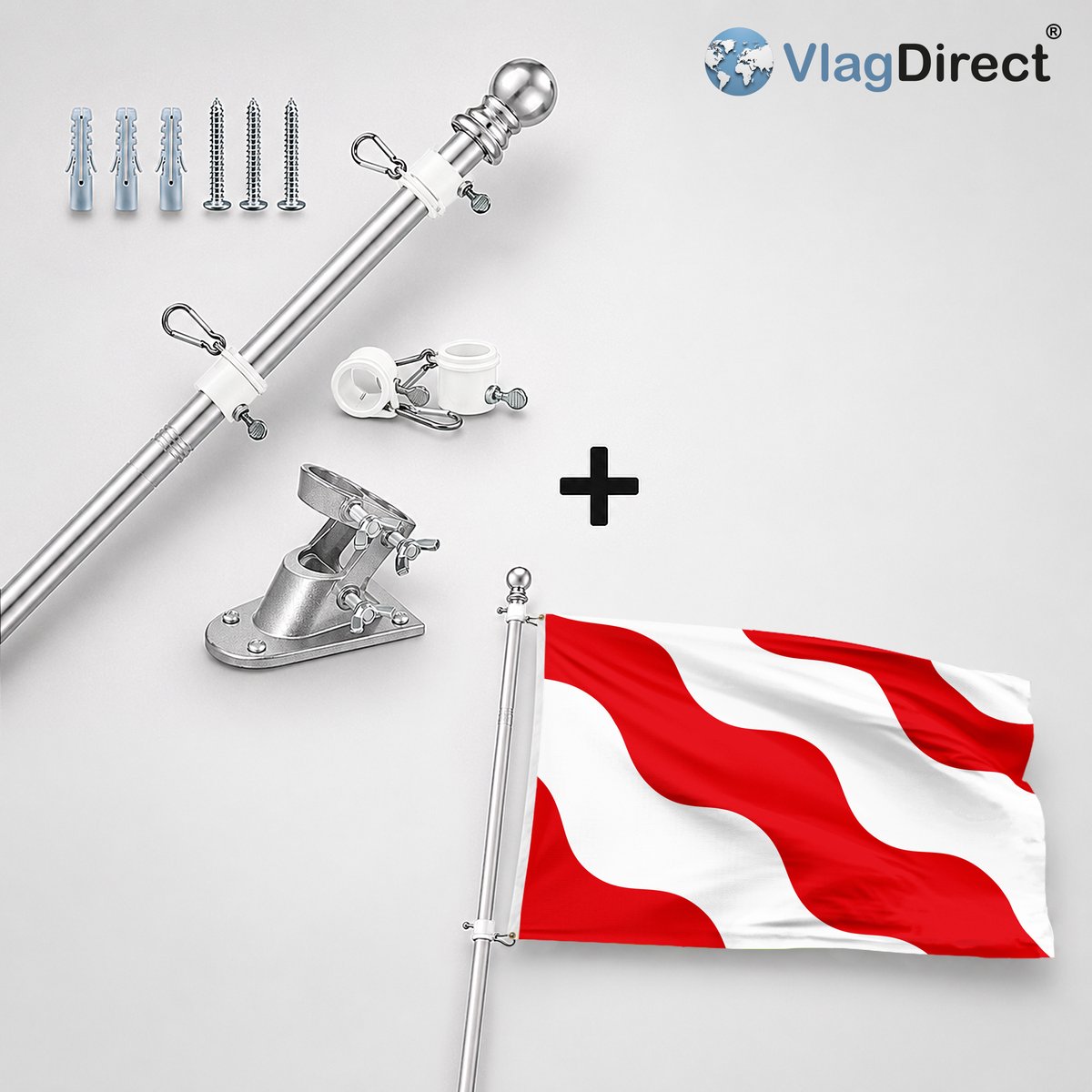 VlagDirect - Compleet vlaggenpakket - Zilveren vlaggenstok inclusief vlaggenstokhouder + Gemeente Antoing vlag - 90 x 150 cm.
