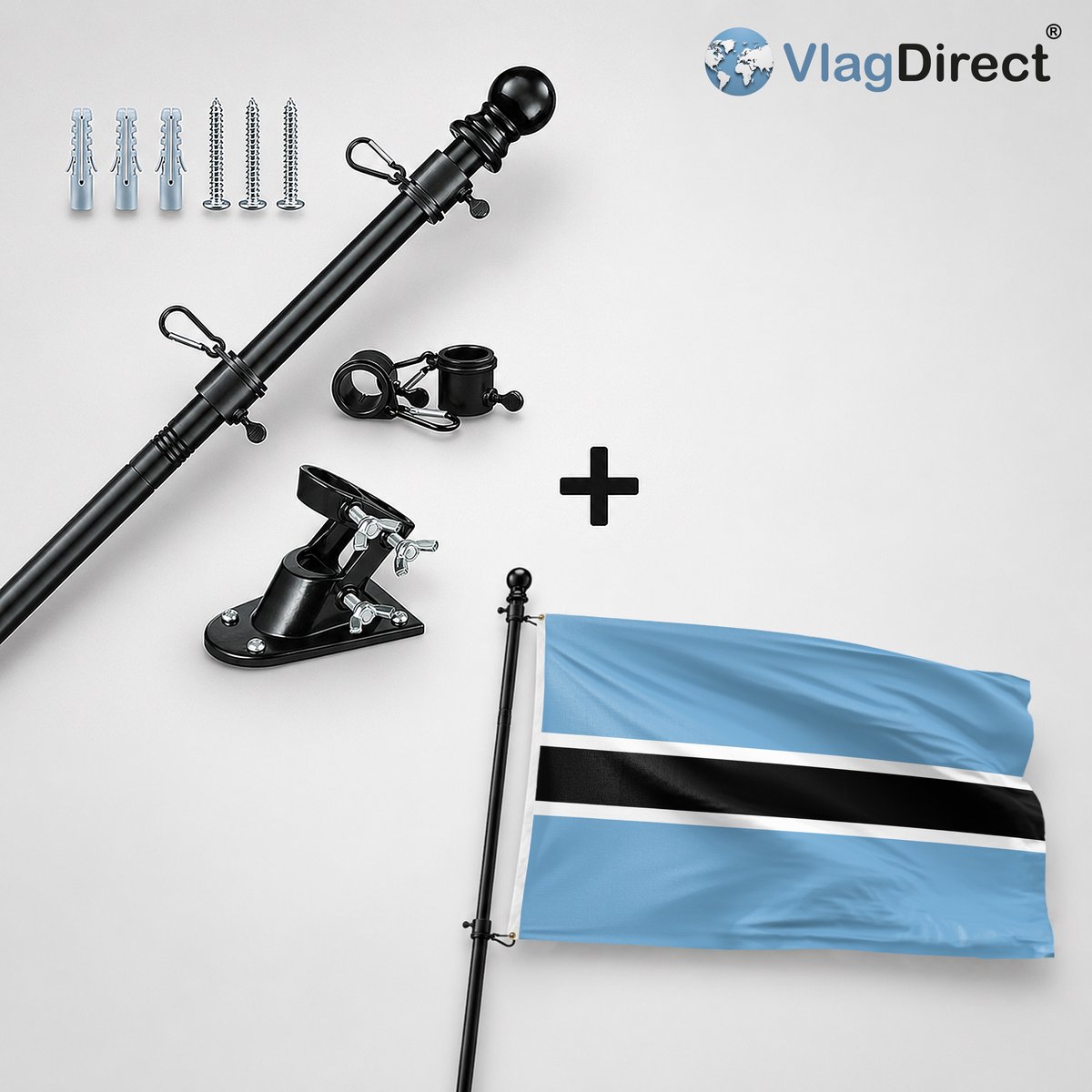 VlagDirect - Compleet vlaggenpakket - Zwarte vlaggenstok inclusief vlaggenstokhouder + Botswaanse vlag - Botswana vlag - 90 x 150 cm.