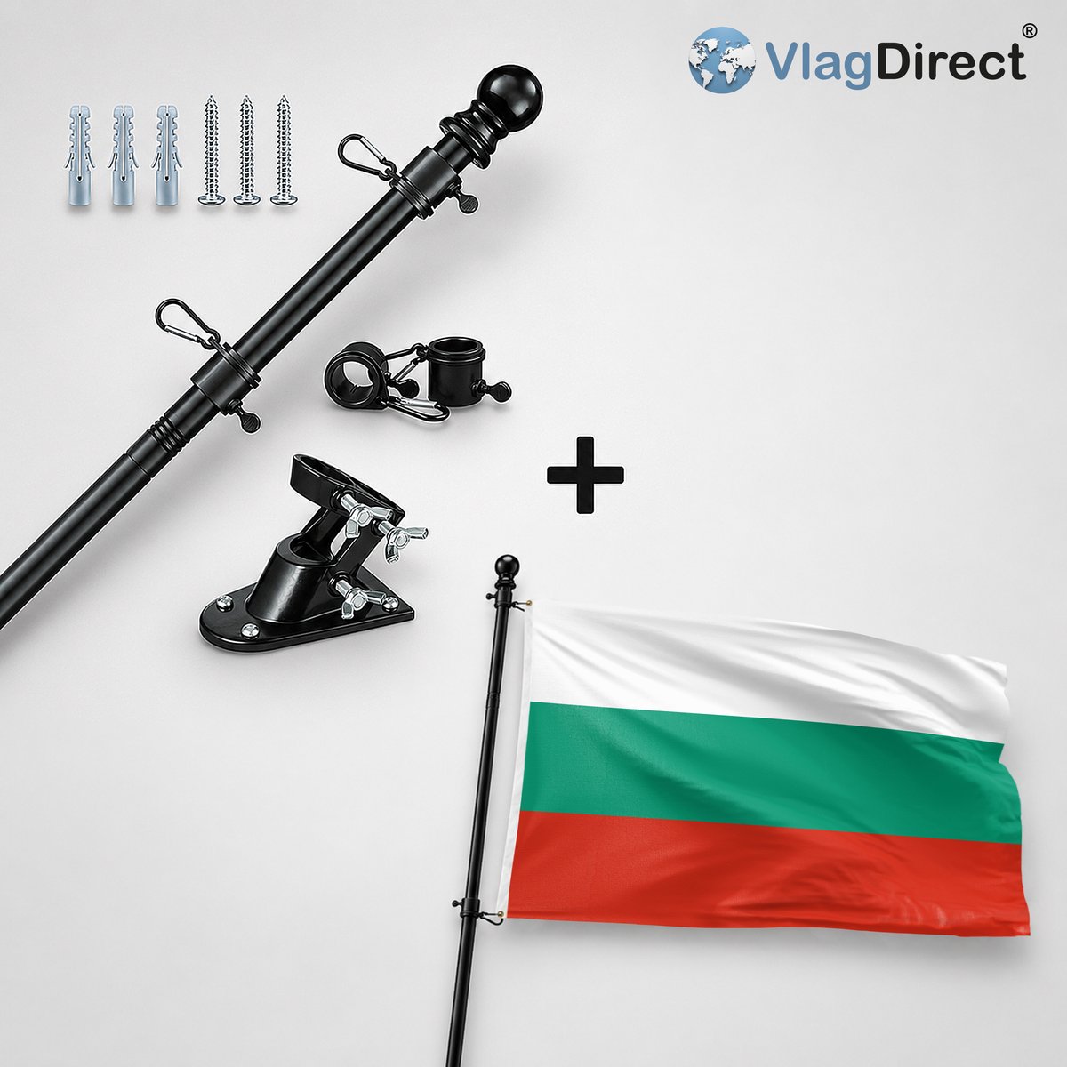 VlagDirect - Compleet vlaggenpakket - Zwarte vlaggenstok inclusief vlaggenstokhouder + Bulgaarse vlag - Bulgarije vlag - 90 x 150 cm.