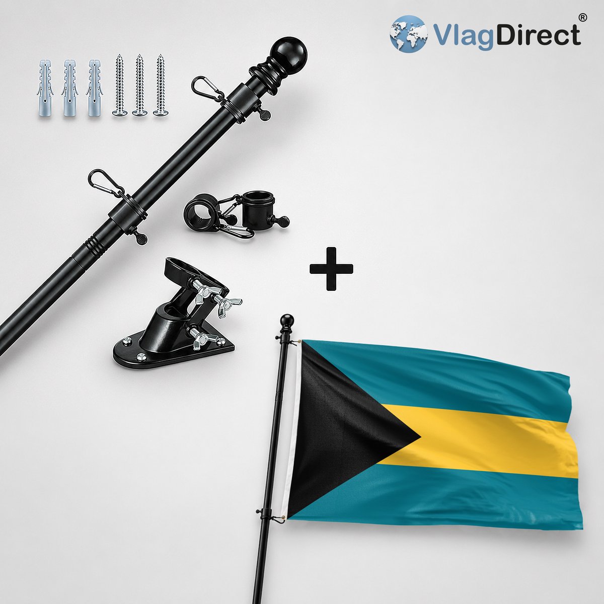 VlagDirect - Compleet vlaggenpakket - Zwarte vlaggenstok inclusief vlaggenstokhouder + Bahamaanse vlag - Bahama's vlag - Bahamas vlag - 90 x 150 cm.