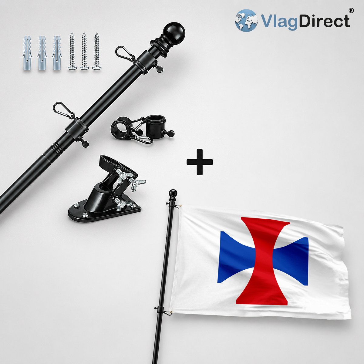 VlagDirect - Compleet vlaggenpakket - Zwarte vlaggenstok inclusief vlaggenstokhouder + Gemeente Walhain vlag - 90 x 150 cm.
