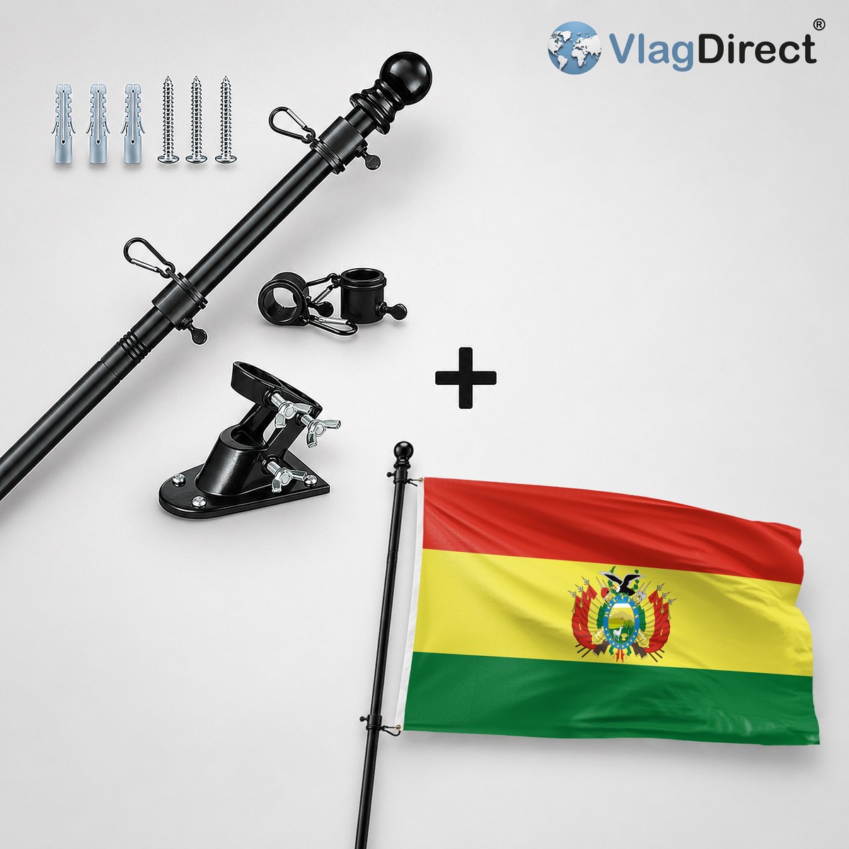 VlagDirect - Compleet vlaggenpakket - Zwarte vlaggenstok inclusief vlaggenstokhouder + Boliviaanse vlag - Bolivia vlag - 90 x 150 cm.
