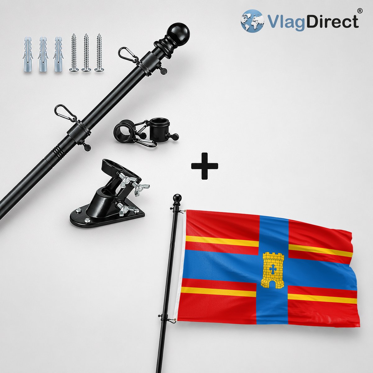 VlagDirect - Compleet vlaggenpakket - Zwarte vlaggenstok inclusief vlaggenstokhouder + Coevorden vlag - Gemeente Coevorden vlag - 90 x 150 cm.