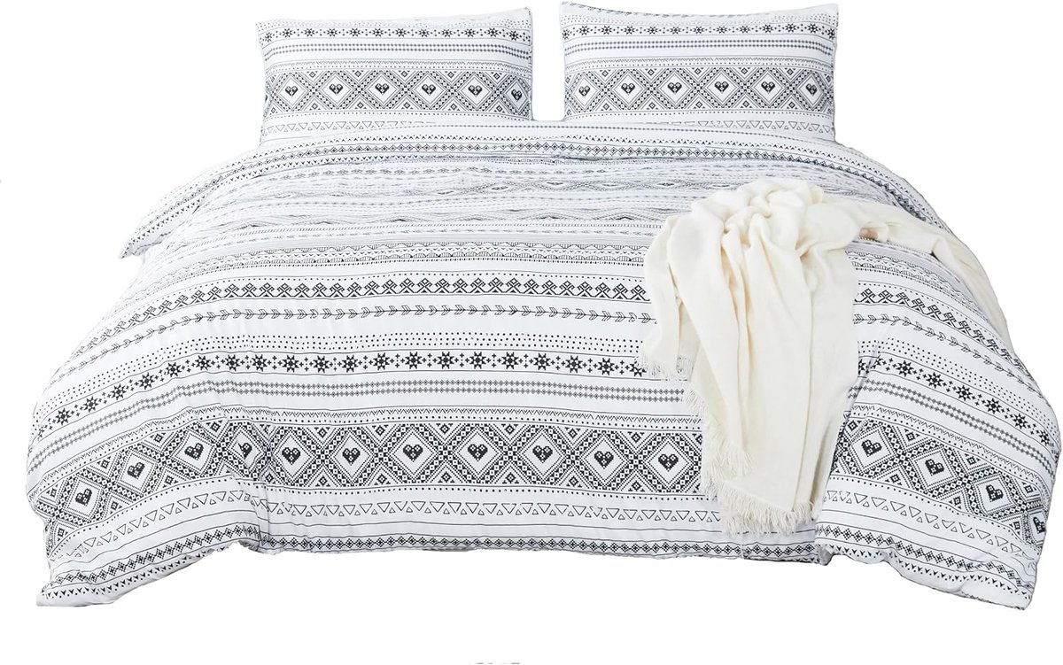 Beddengoedset, 100% polyester, beddengoed met praktische ritssluiting, wit Boheems patroon, 1 x dekbedovertrek 180 x - ShopVlot