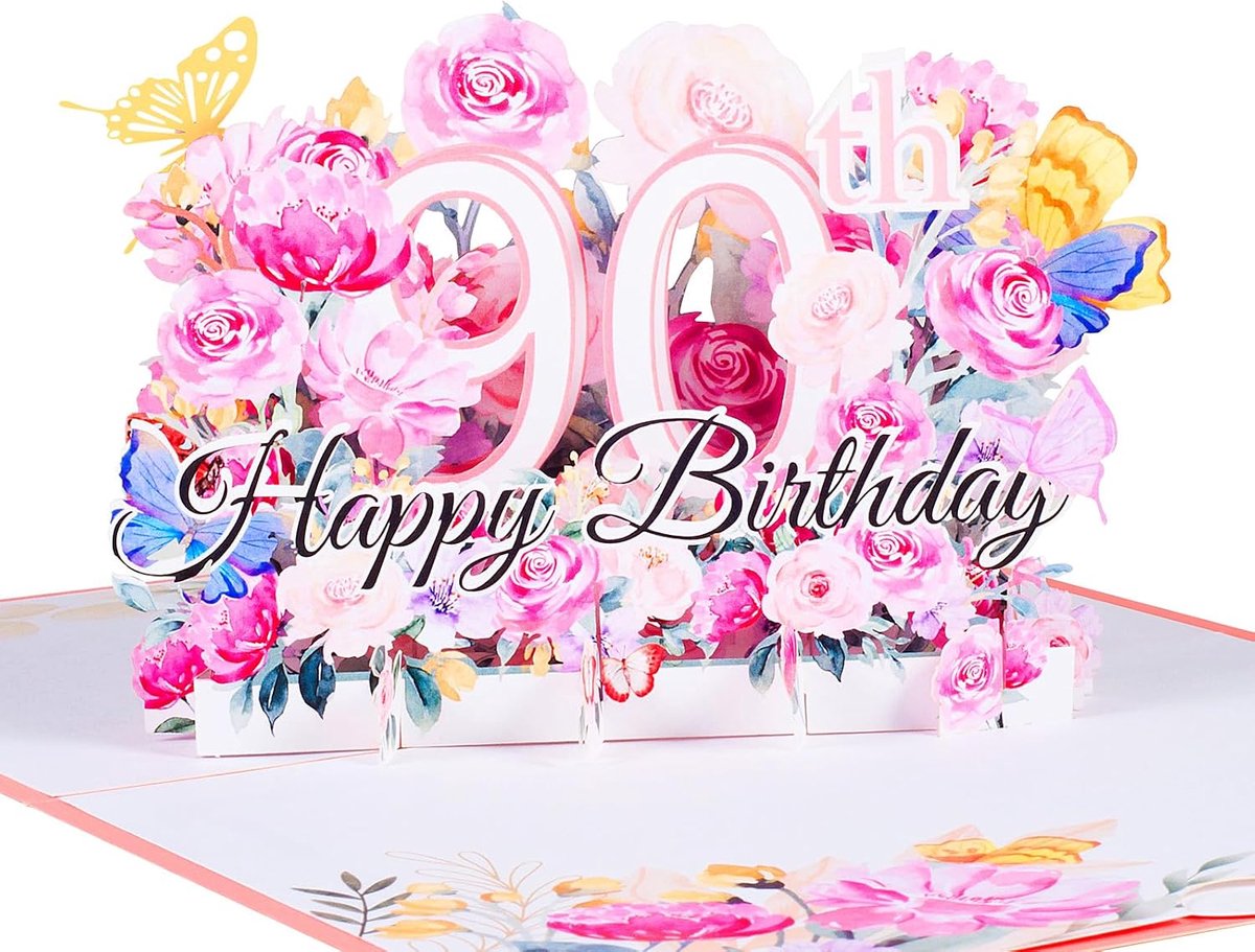 3D Birthday Card 90th Birthday Pop Up Card for Adult Birthday Party Flowers Pink Happy Birthday Greeting Cards - ShopVlot