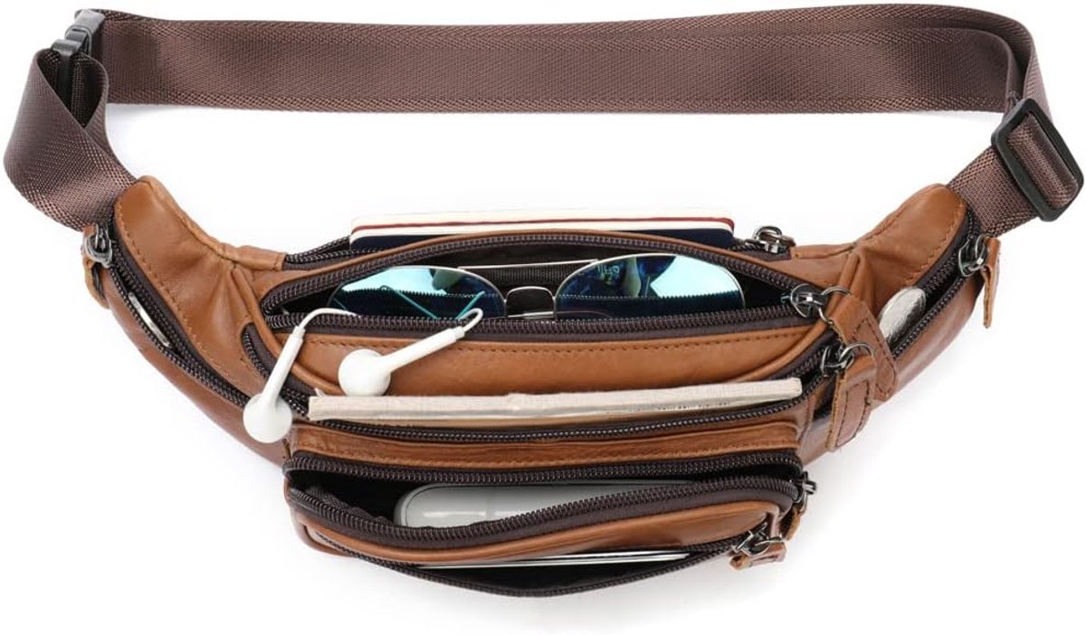 Leather Waist Pack for Men Women Outdoor Travel Hiking Camping Hiking Running Waist Waist Belt Slim Cell Phone Wallet - ShopVlot