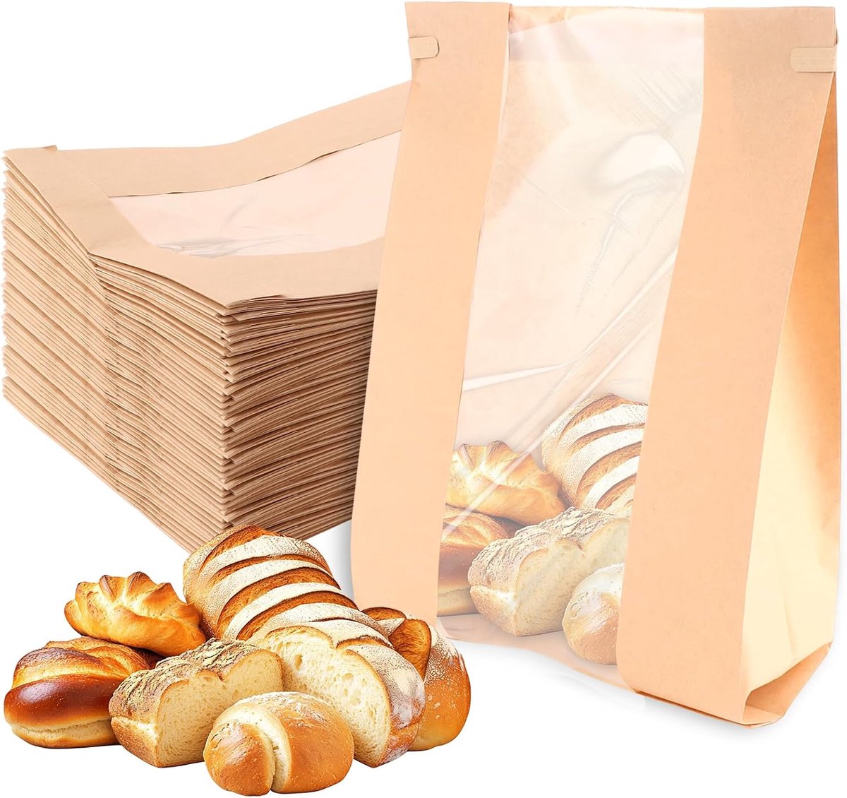 STARVAST 100 Pcs Bread Bags Paper Large Bakery Food Grade Brown Paper Bags with Window Paper Bags for Homemade Bread - ShopVlot
