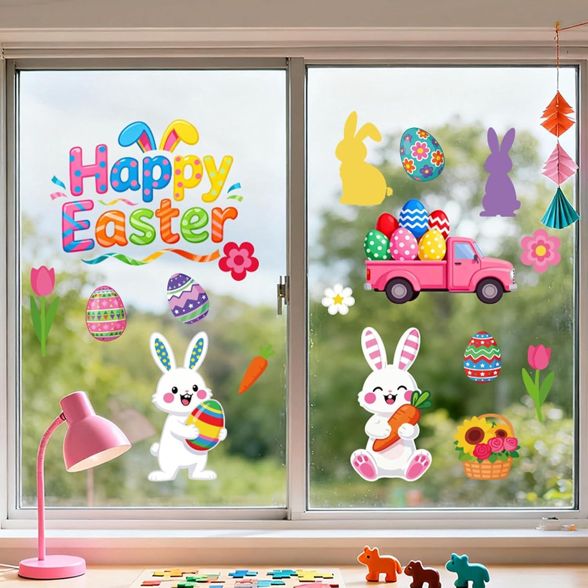Raamstickers Pasen - Dubbelzijdig met cartoon eieren en konijnen - Herbruikbaar en stevig - Voor vrolijke decoratie - ShopVlot