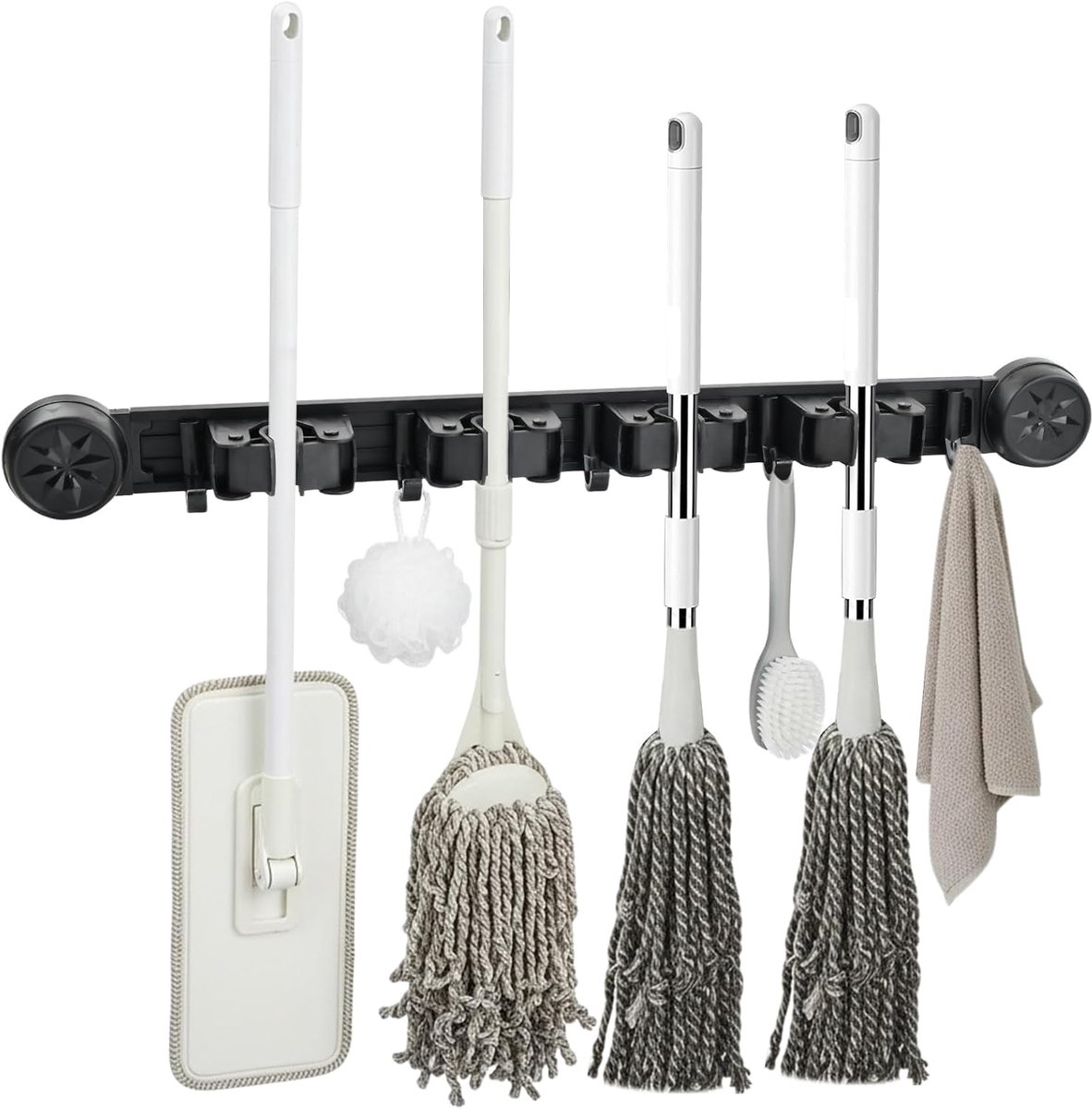 Broom holder wandmontage zonder boren - zuignap met 4 houders en 5 haken - ideaal voor keuken en garage - ShopVlot