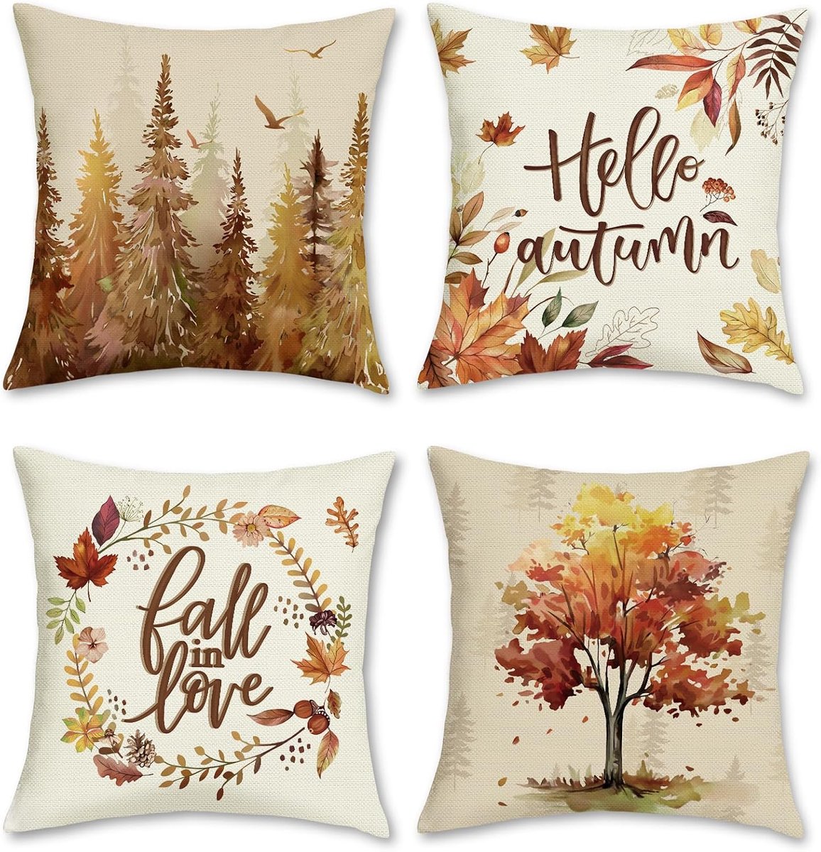 Kussenhoezen 45x45cm - Polyester Linnen - Herfstdesign met Bomen en Bladeren - Perfect voor Woonkamer - ShopVlot