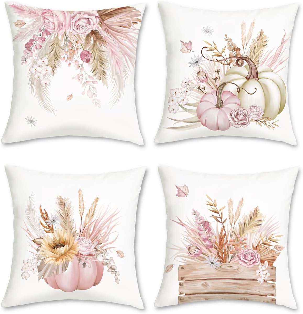 Kussenhoezen set van 4 - 45 x 45 cm - zacht pluche - herfst pompoenen en bloemen decoratie - ShopVlot