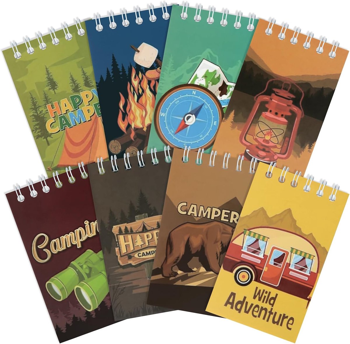 Camping mini spiraal notitieboek 8 stuks - harde kaft - kampeeravonturen thema - ideaal voor thuis en op avontuur - ShopVlot