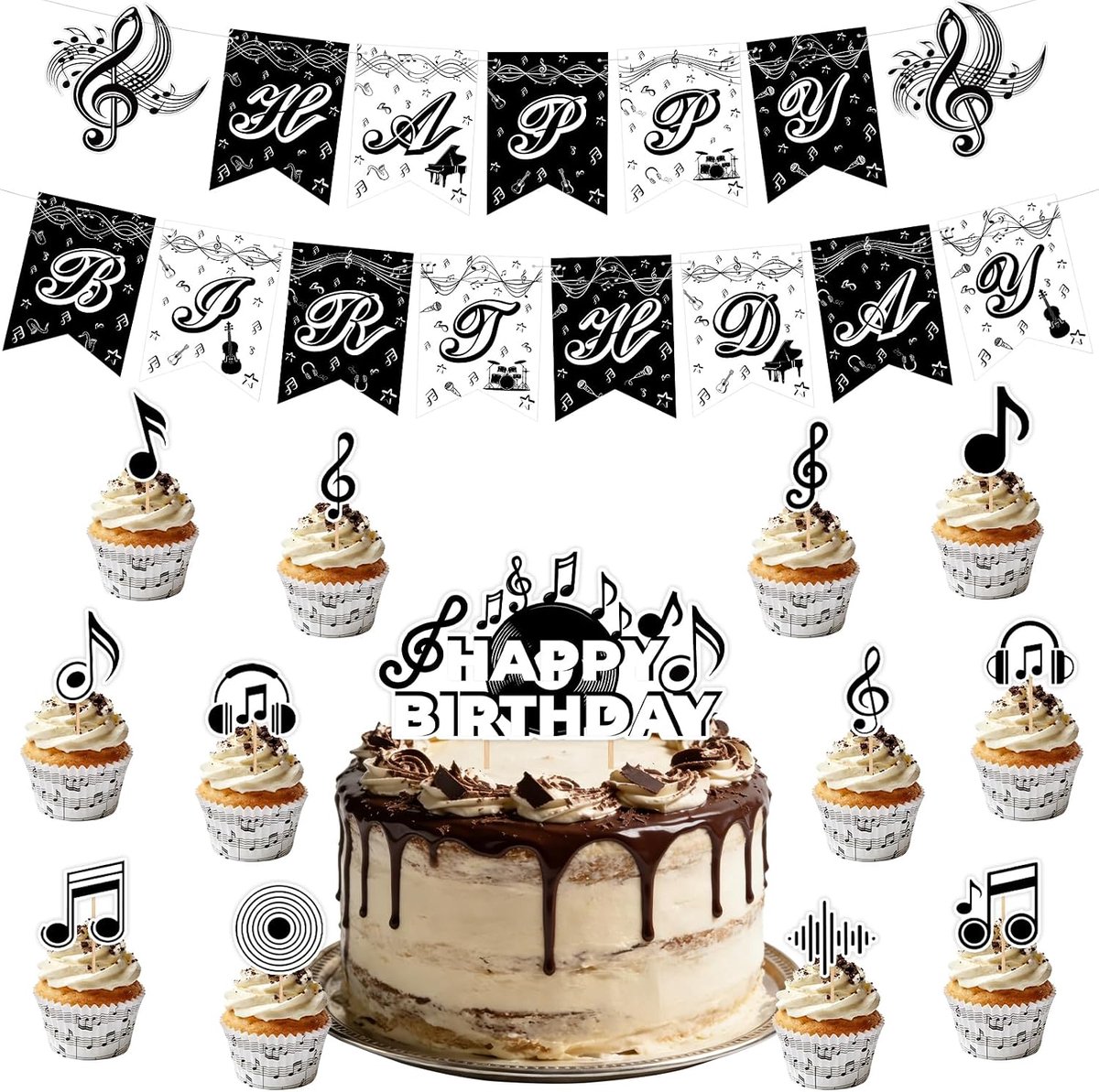 Verjaardagsfeestdecoratie muziekthema - muzieknoot slinger - gitaar caketoppers - voor een onvergetelijk muziekfeest - ShopVlot