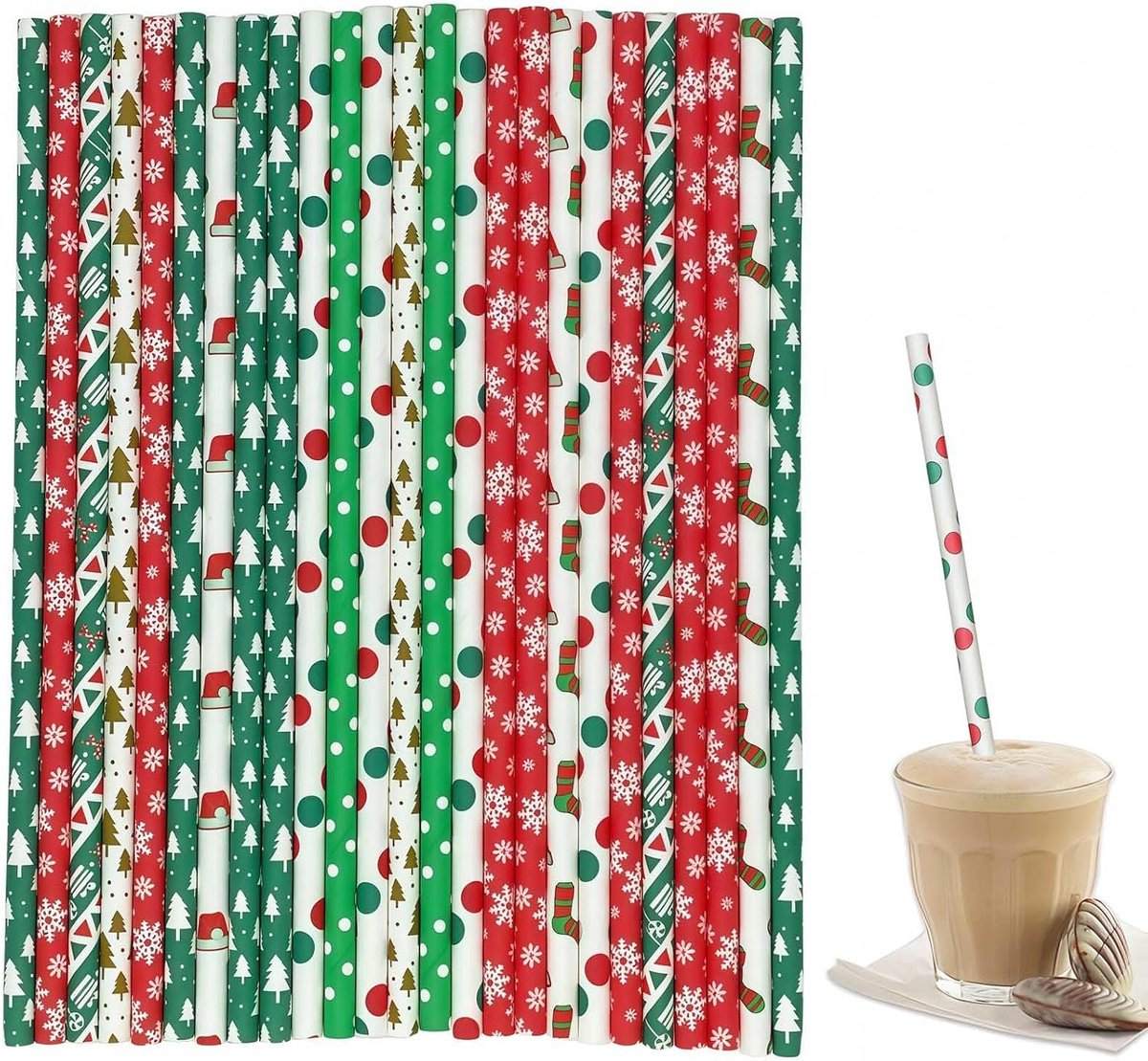 Papieren rietjes 100 stuks - Biologisch afbreekbare drinkrietjes - 8 kerstontwerpen - Perfect voor feestjes - ShopVlot