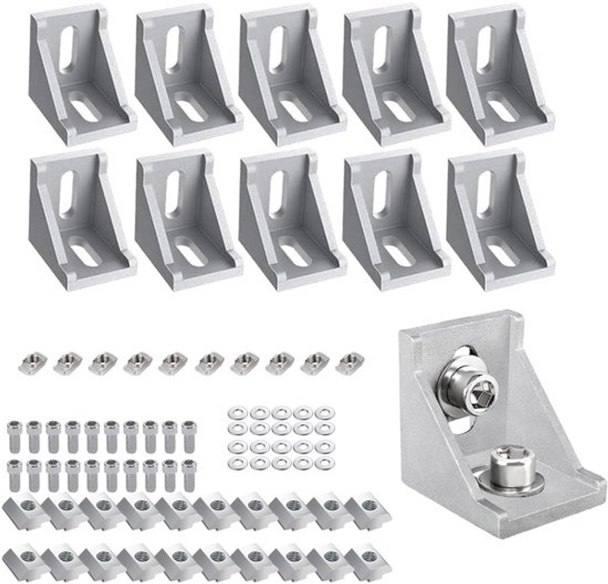 Aluminium Profiel Met Hoekbeugel - Bevestigingsmateriaal - T-Nut - Moeren - Ringen - Set van 10 - Hoekverbinder