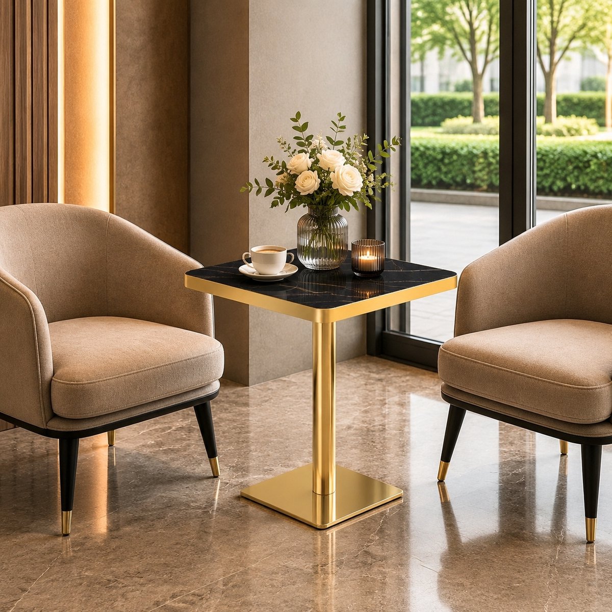 Mivray Vierkante Eettafel - Marmerlook Tafelblad Met Gouden Metalen Onderstel - Voor Kleine Ruimtes - Zwart - 60x60x74 Cm