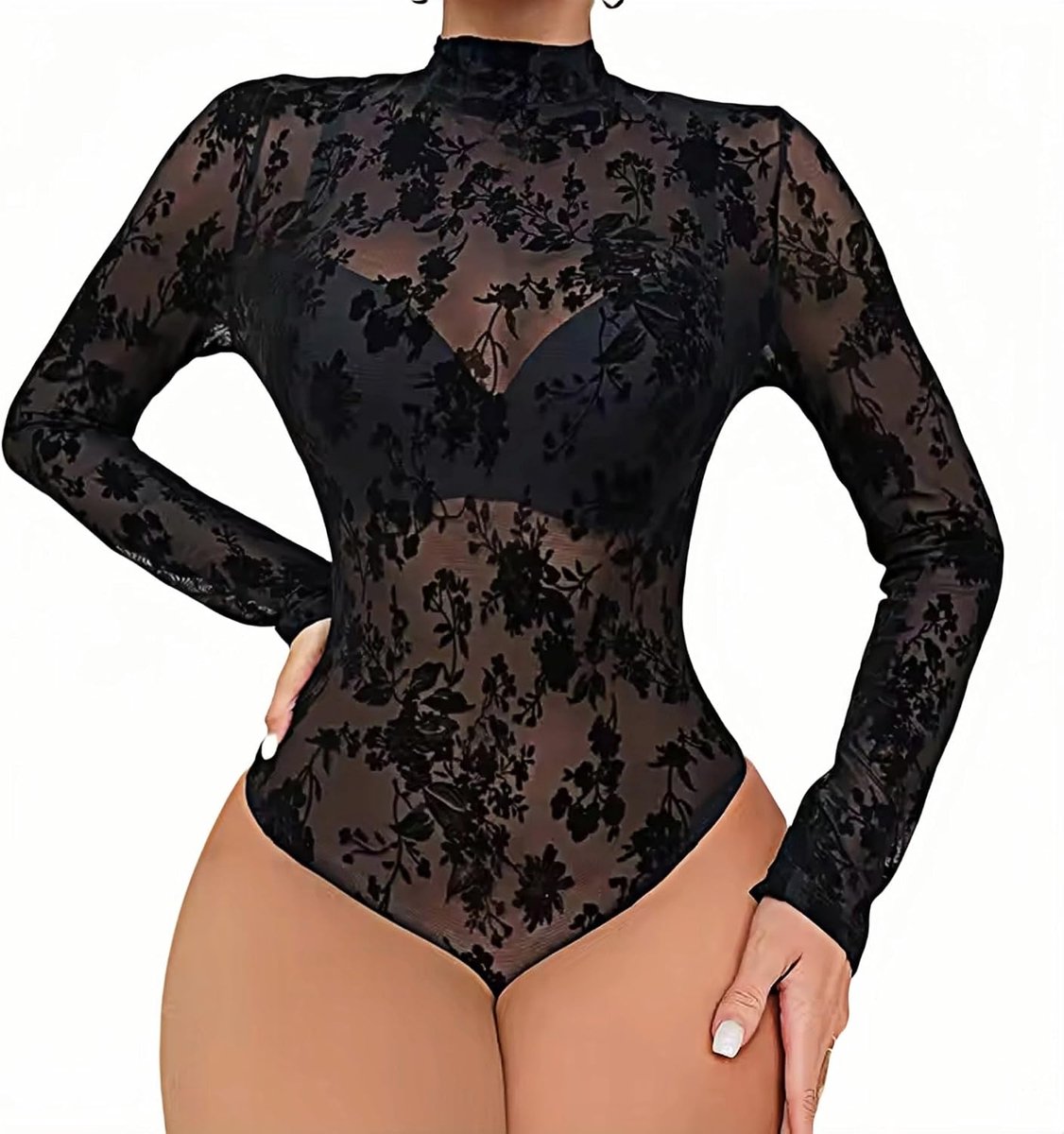 Bodysuit dames L - mesh lange mouwen - transparant zwart - sexy festival top - ShopVlot