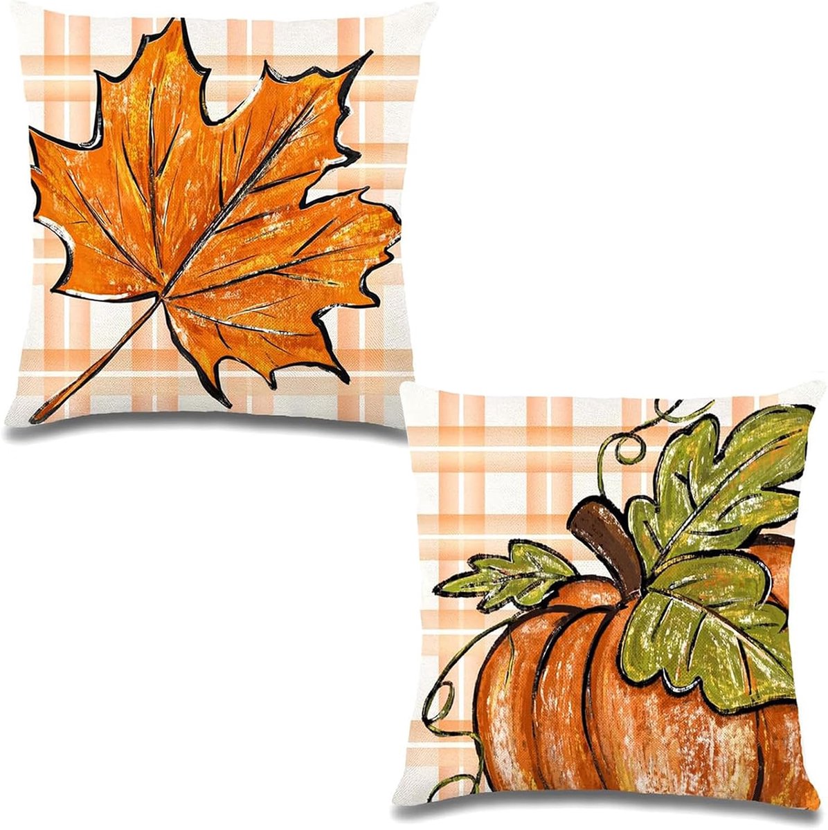 Kussenhoes 45 x 45 cm - Linnen - Herfstdesign met pompoenen en esdoornbladeren - Perfect voor herfstdecoratie - ShopVlot