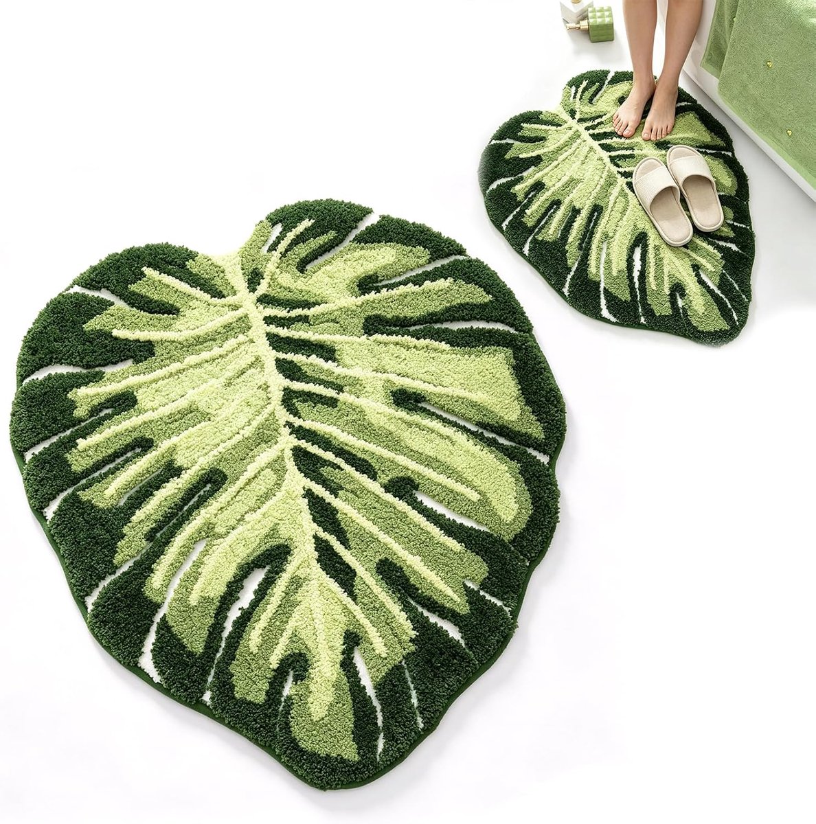 Badmat 50 x 80 cm - Antislip kunstkasjmier - Bladvormig monstera-design - Zacht en comfortabel voor badkamer - ShopVlot
