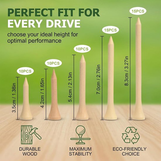 Golftees 60 stuks - 5 hoogtes van 35 mm tot 83 mm - Houten golfaccessoires - Milieuvriendelijk voor training en spel - ShopVlot — afbeelding 4