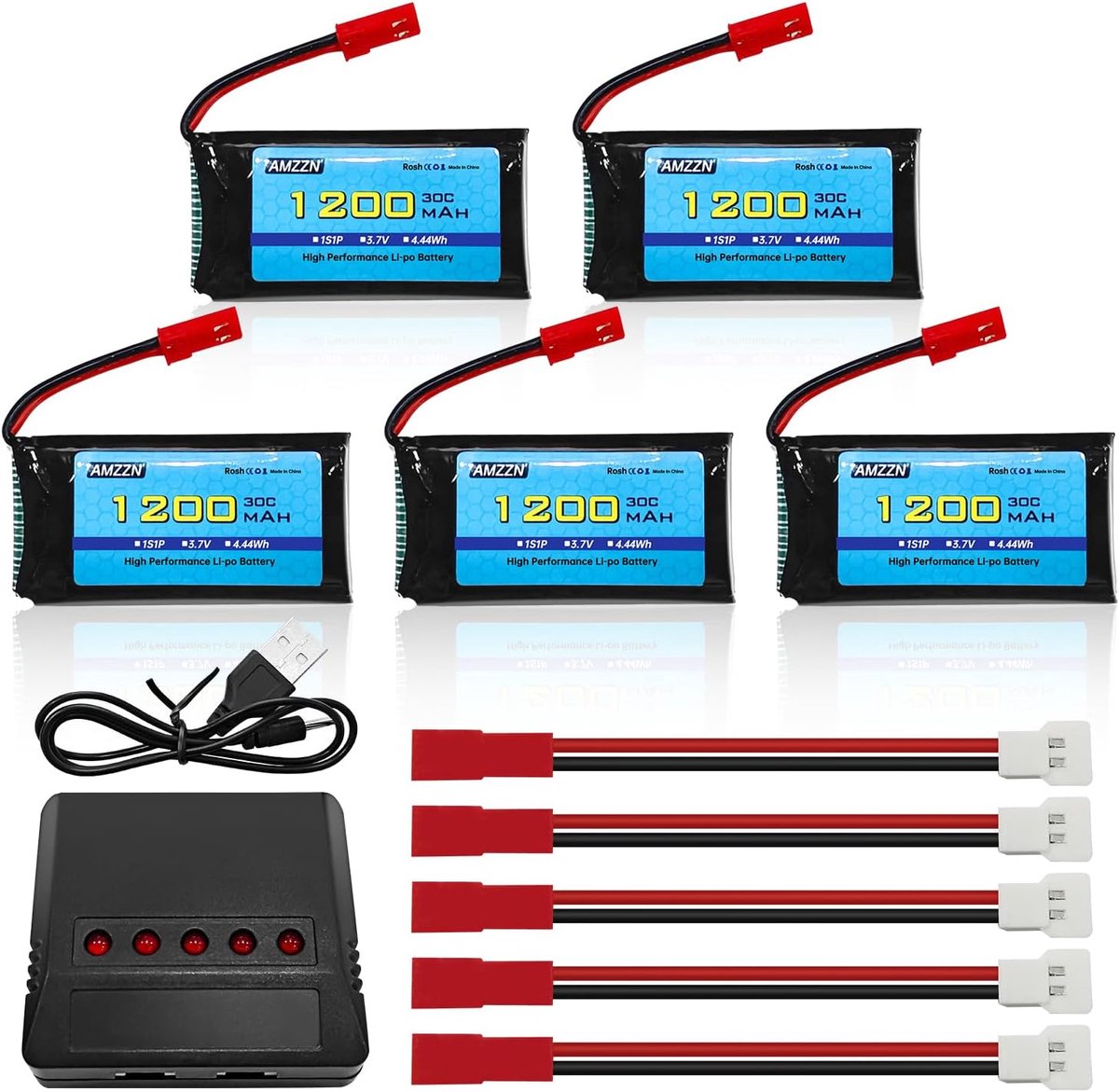 5 Pcs 3.7V 1200mAh 30C JST Lipo Battery with Charger 5-in-1 for MJX T04 T05 T25 X900 X9TW V2400HD V2450FPV V2450GPS - ShopVlot
