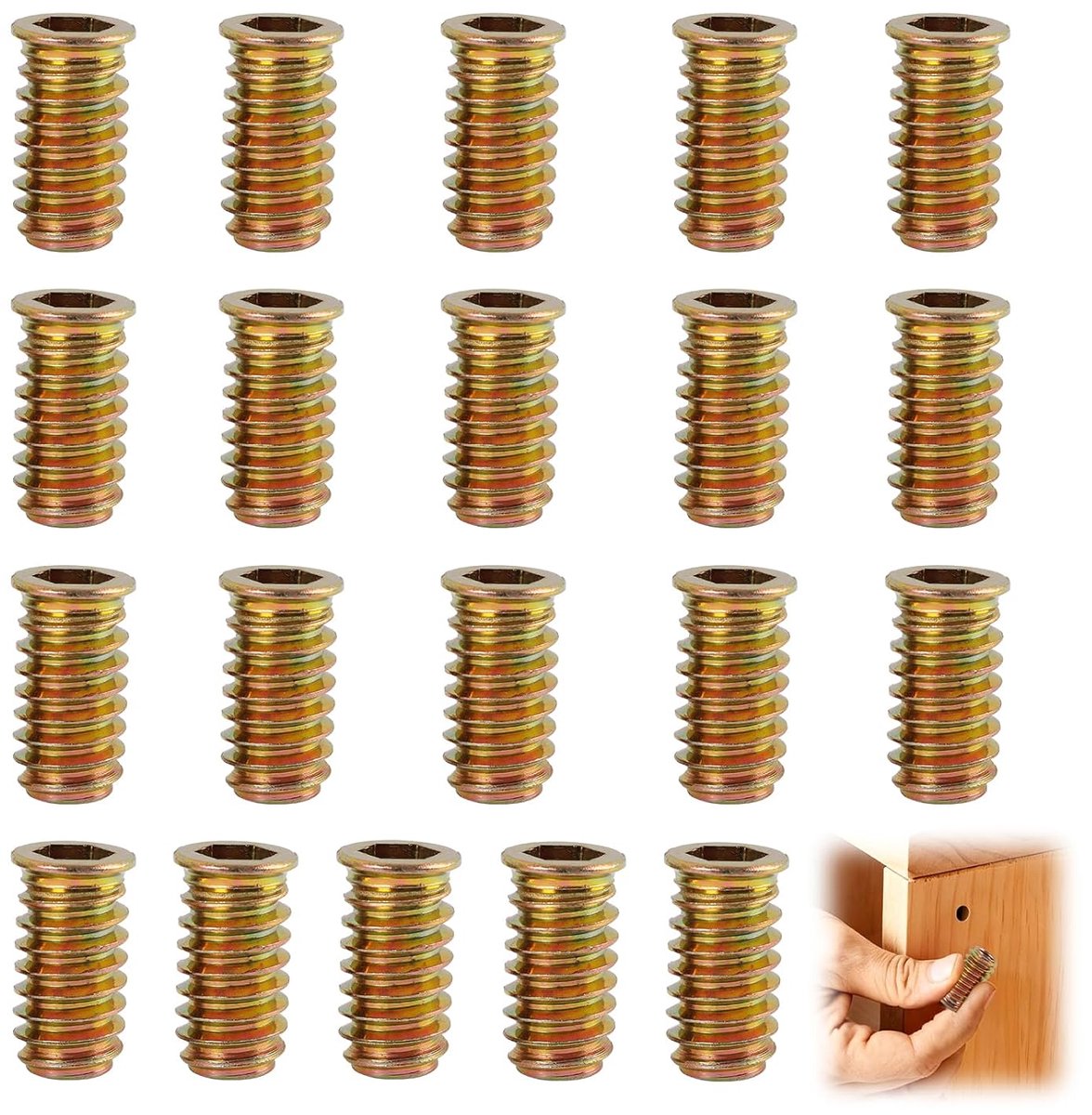 Pack of 20 Thread Inserts for Wood, M8 x 25 mm, Self Locking Hexagonal Nuts, Robust Inner and External Thread, for - ShopVlot