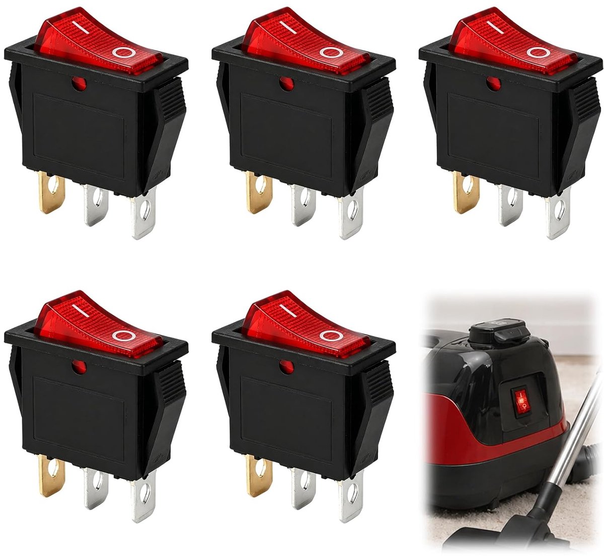 5 stuks tuimelschakelaar, lichtgevend, rood, 3 pinnen en 3 posities ON/OFF/ON, tuimelschakelaar voor boten - ShopVlot