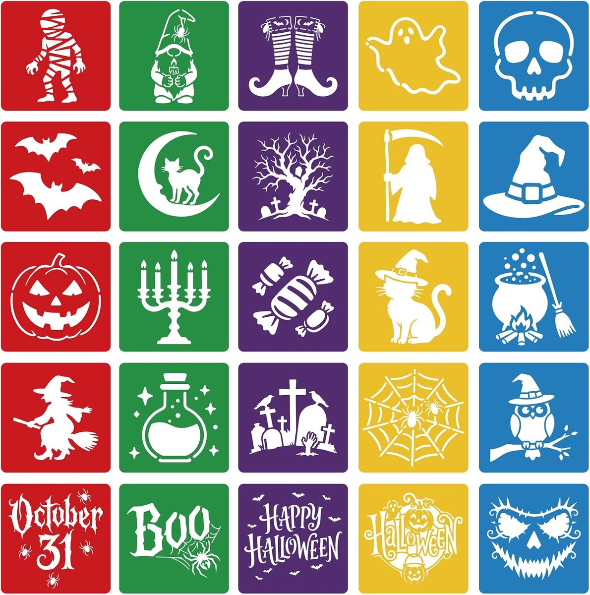 CUTHOLLOW 25 Halloween-sjablonen, 20 x 20 cm grote kleurrijke schildersjablonen, herbruikbaar voor scrapbooking - ShopVlot
