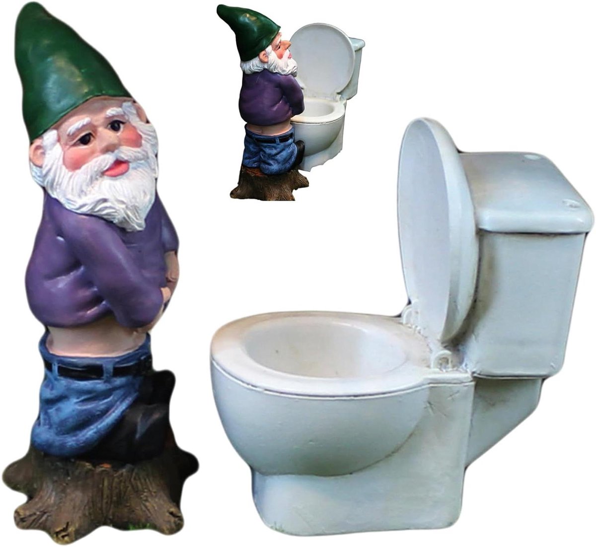 Tuinkabouters met toilet - Grappige tuinornamenten - Tuin decoreren - Ondeugend hars beeldje - 8x5x9 cm en 4.5x5x11.2 cm - Kleurrijk