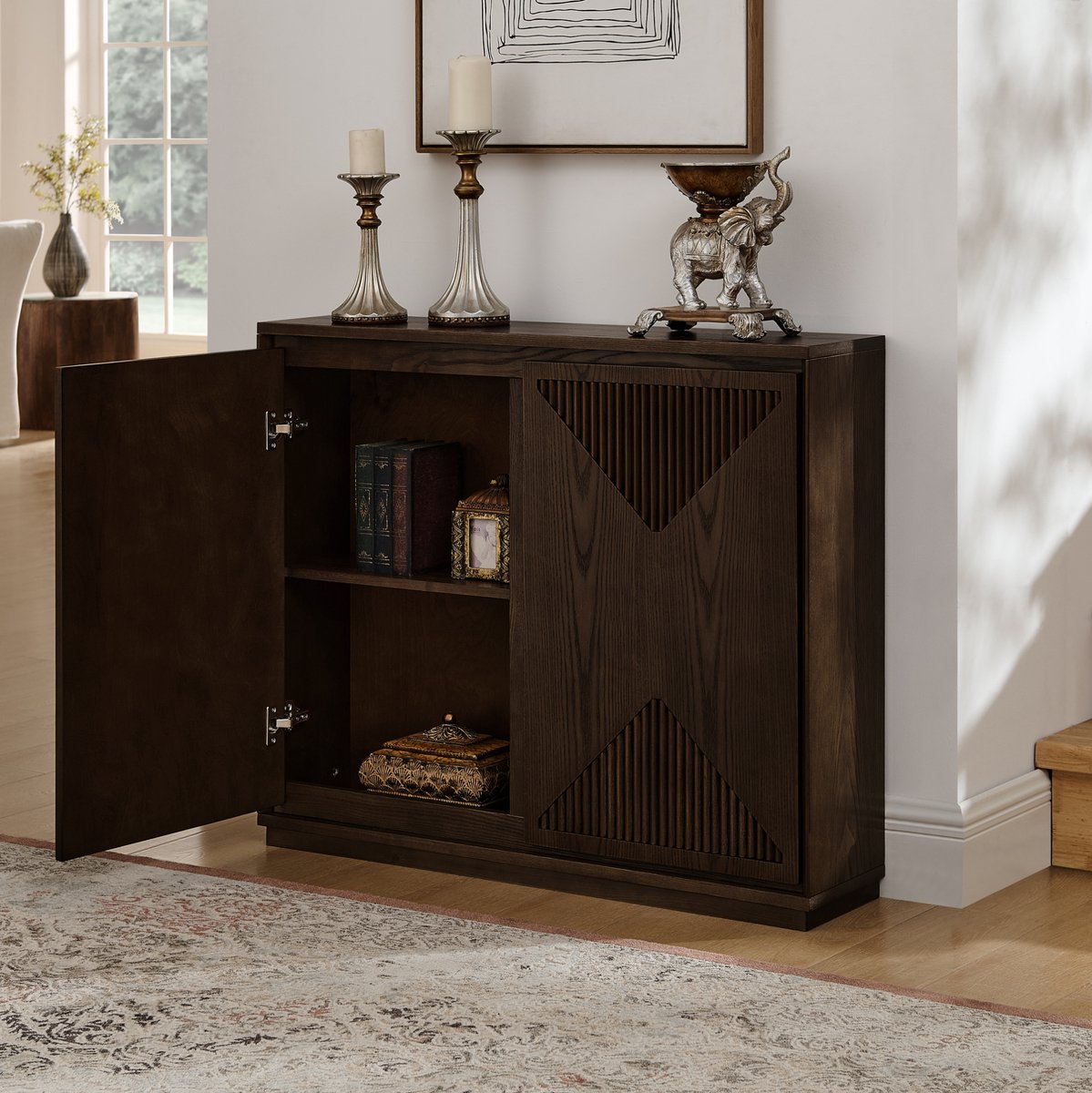 OKWISH Dressoir Smal Met Dubbele Deuren V Groef Design Opbergkast Voor Woonkamer Hal Keuken En Koffiehoek Bruin MDF 99 06 X 23 50 X 82 50 Cm
