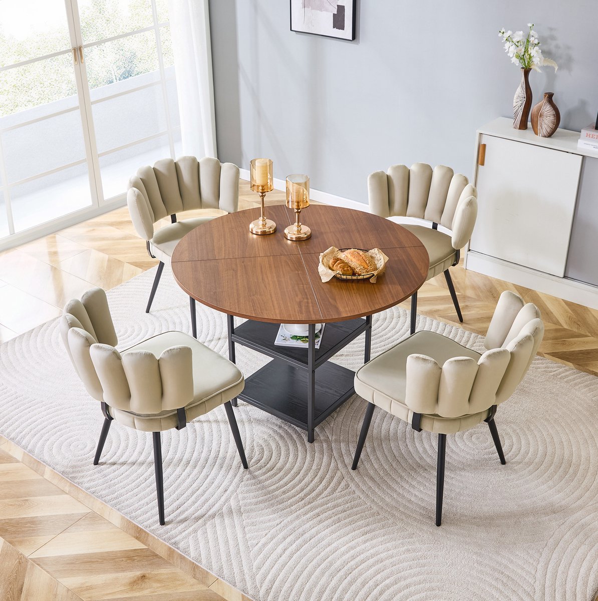 COVREO Ronde eettafel 107 cm walnootlook, 4 stoelen en dubbele opberglagen