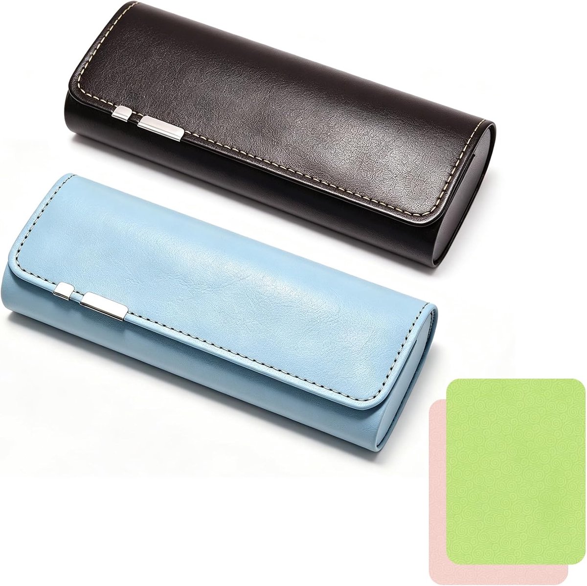 2 stuks brillenkoker hardcase, premium PU-lederen brillenkoker, bruin en blauw., 6.37in*2.48in*1.33in - ShopVlot
