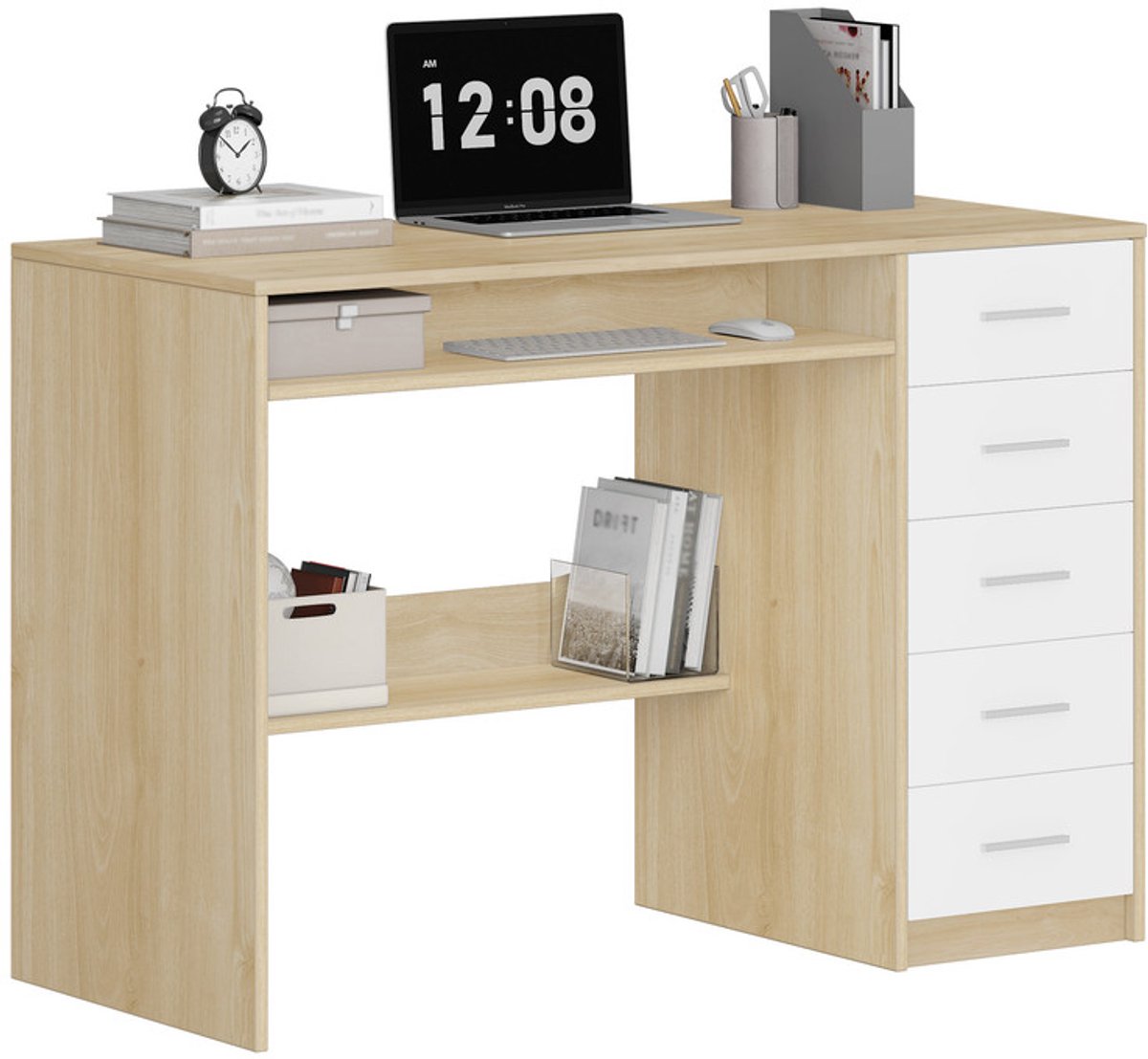Hzuaneri bureau 108 x 50 cm, 5 lades, eiken/wit – minimalistisch en stabiel. Geschikt voor kantoor, studeerkamer of slaapkamer. Afmetingen: 108 x 50 x 75 cm; kleur: eiken/wit