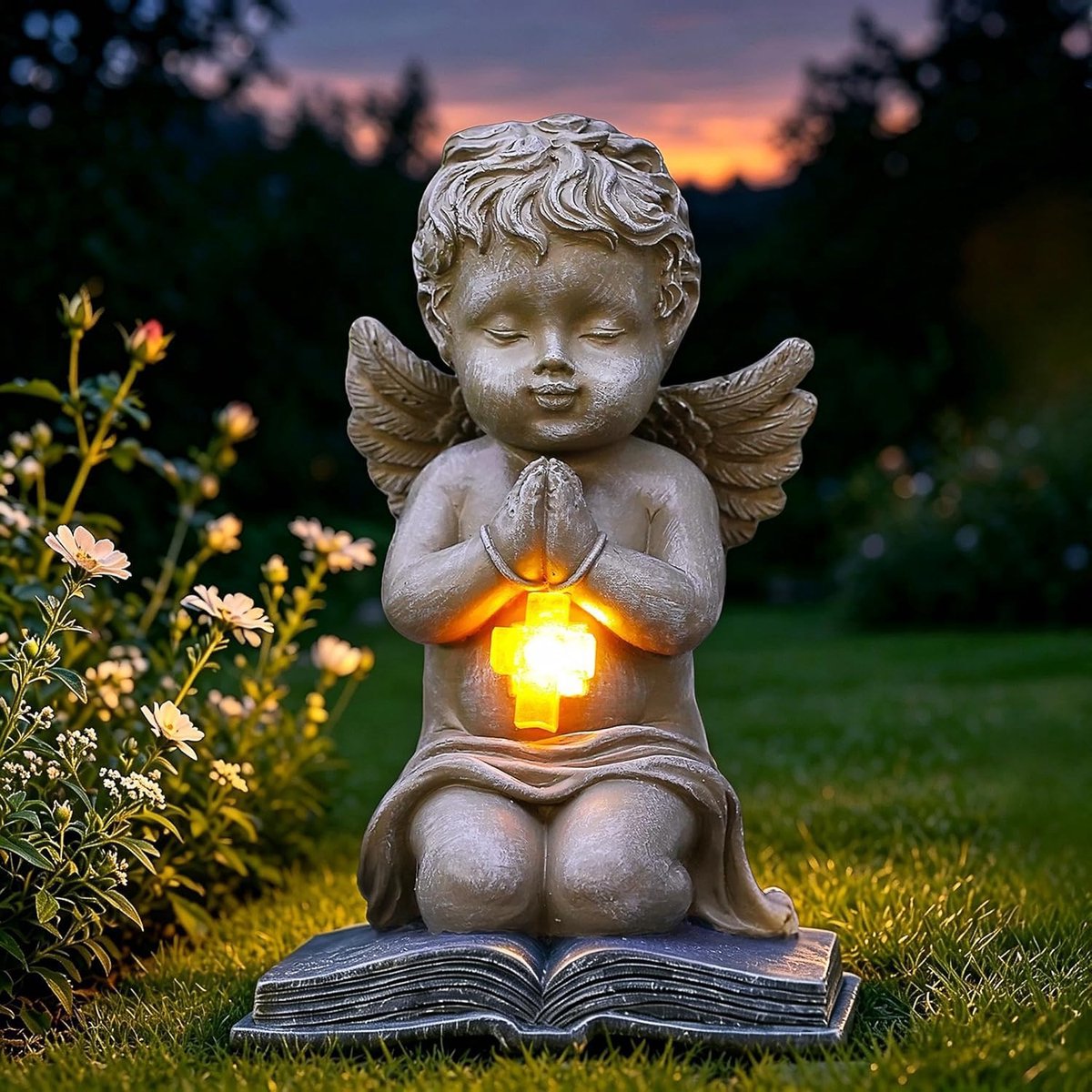 Yeomoo Engelfiguren met zonne-energiekruis, tuindecoratie voor buiten, knierende beschermengel, spirituele - ShopVlot
