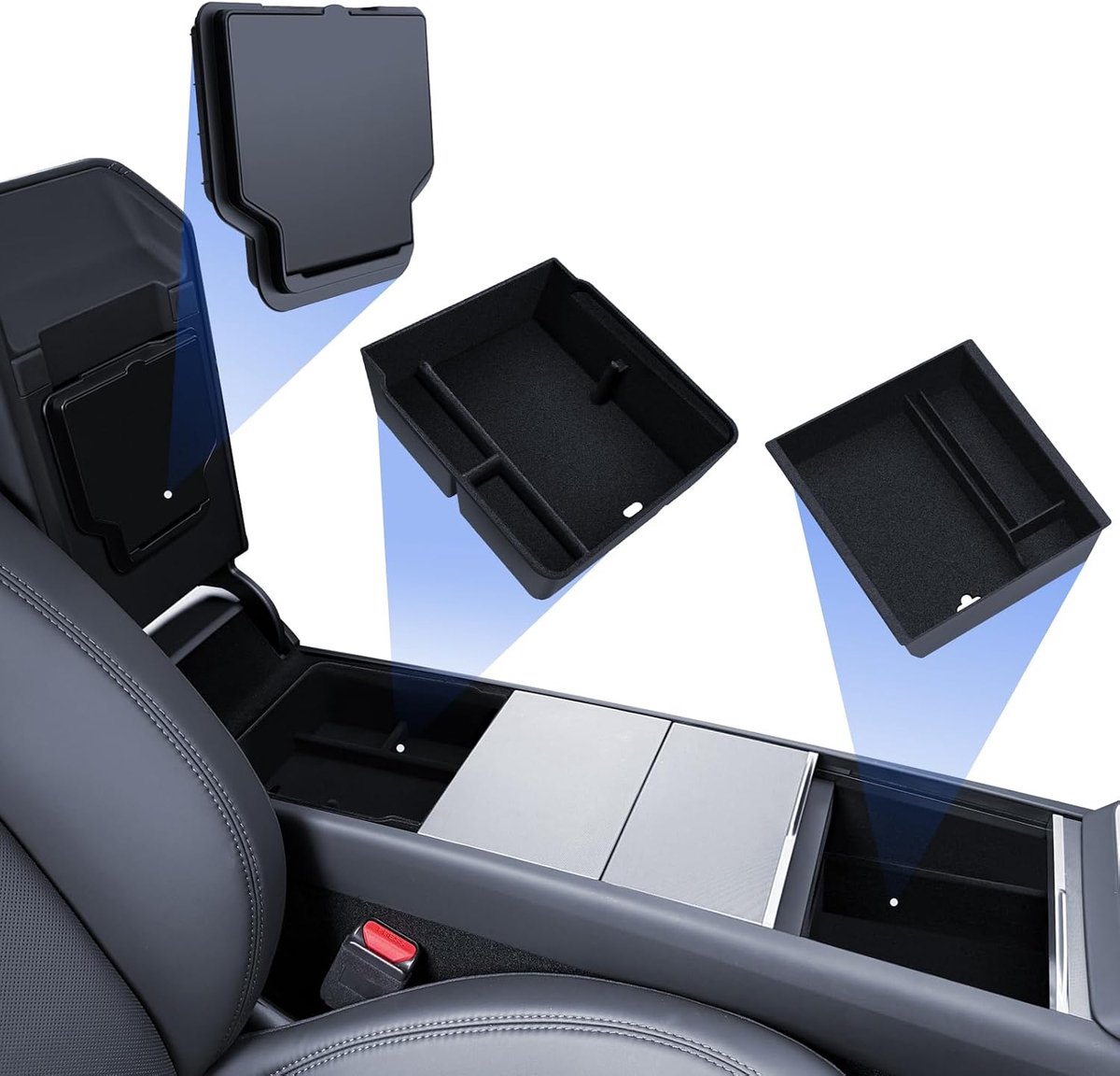 3 Pack Accessories for Tesla Model Y 2025 Juniper Center Console Organizer, Armrest Storage Box and Hidden Box (Flock) - ShopVlot