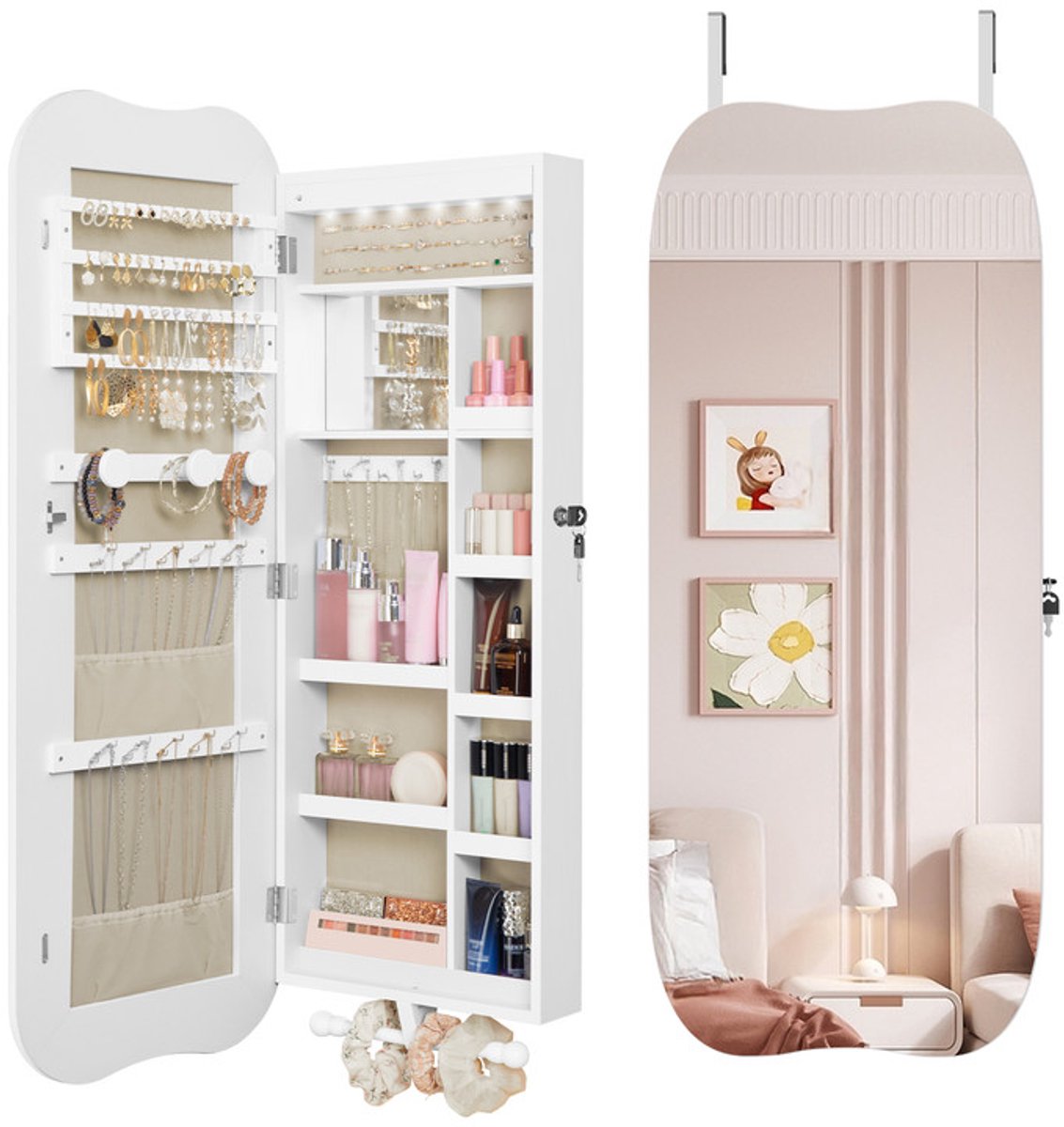 Hzuaneri Sieradenkast, spiegelkast, wandkast met ledverlichting, wandkast met spiegel, afsluitbaar, met binnenspiegel, wit oppervlak, binnenvoering van Greige