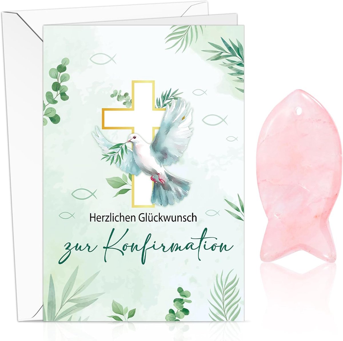 DPKOW Geschenk vormsel meisjeskaart met envelop rozenkwarts edelsteen vis, hartelijke felicitatie kaart geschenken - ShopVlot