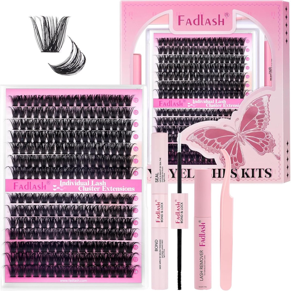 Fadlash DIY Eyelash Extension Kit 0.07D Curl Mix12-18mm 80D+100D Fluffy Wispy Individual Eyelashes Cluster Eyelashes - ShopVlot