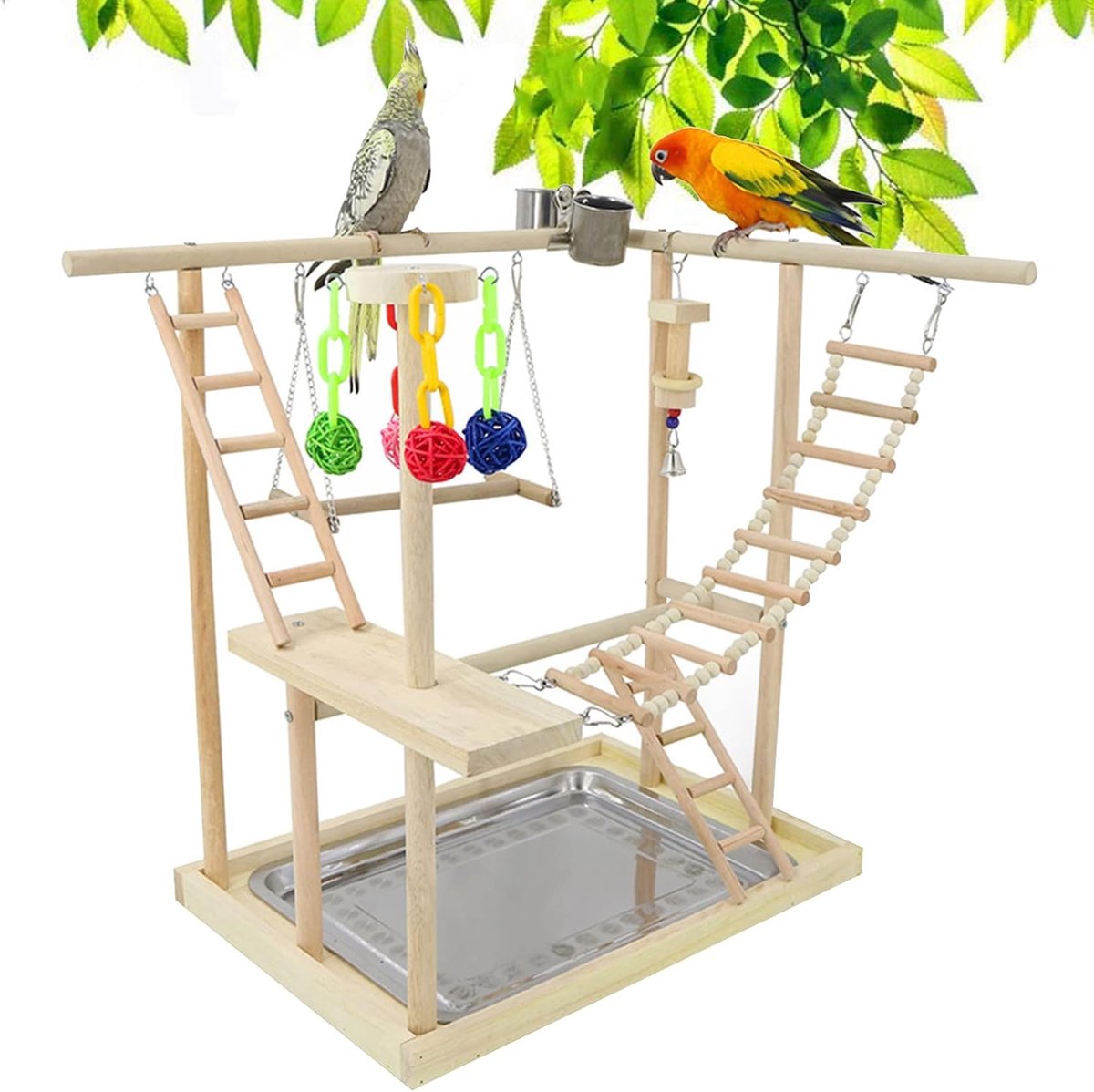 RoseFlower Parrots, Bird Playground, Bird Cage, Play Stand, Wooden Bird Play Stand with 2 Stainless Steel Feeder Cups - ShopVlot