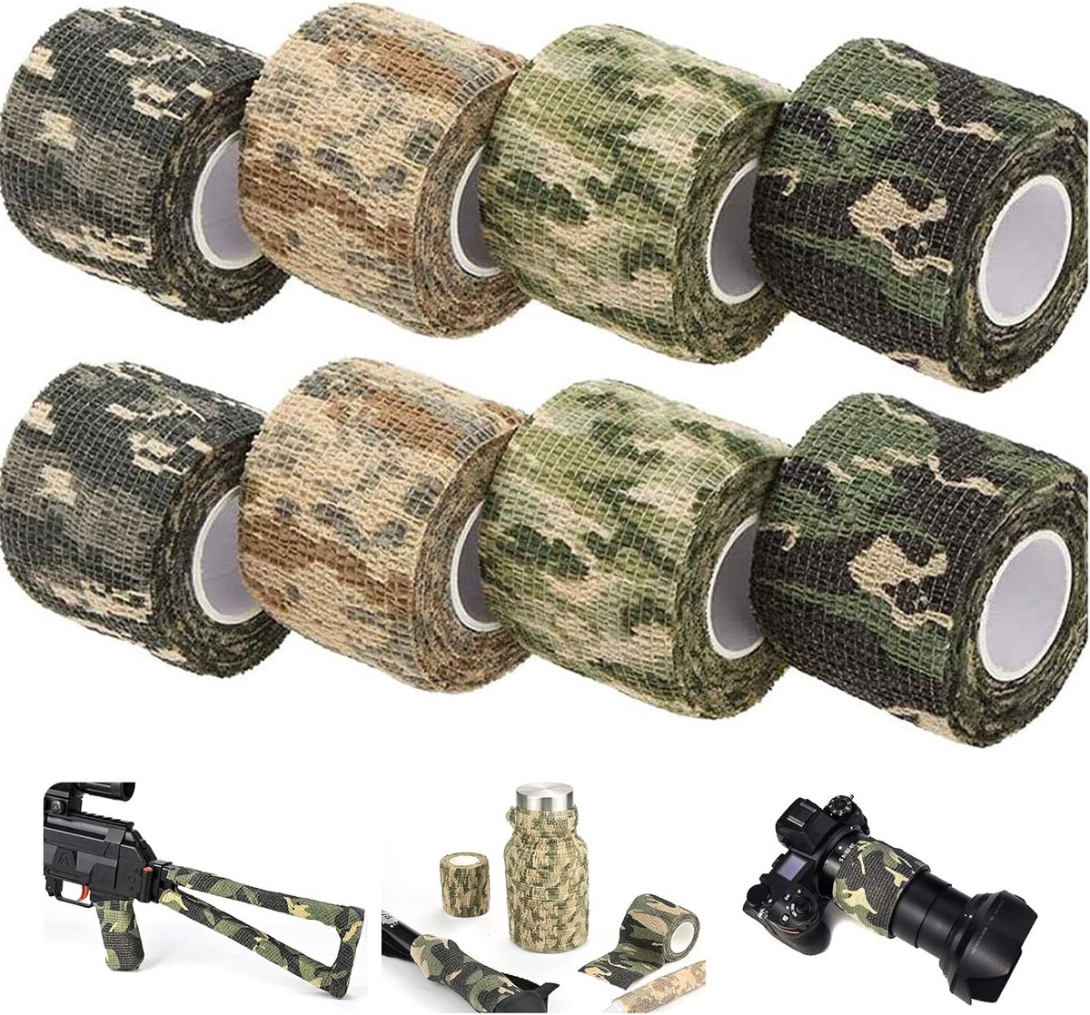 Camo Tapes, 8 Rolls Multifunctional Camouflage Tape, Fabric Wrap, Self Adhesive Non-Woven Tape, Camouflage Stretch - ShopVlot