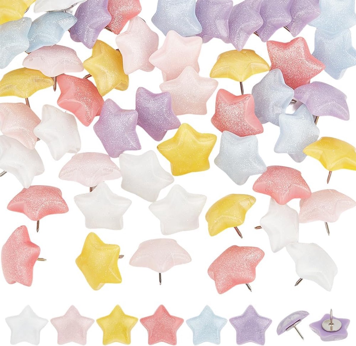 Duwers stervormig 48 stuks - transparant plastic - 6 kleuren - decoratief voor prikborden - ShopVlot