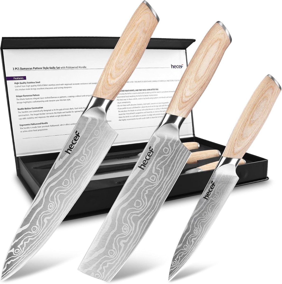 Keukenmessenset - Naturel Pakkahout - 3-delig - Ergonomisch en Ultrascherp - Voor Alle Keukenbereidingen