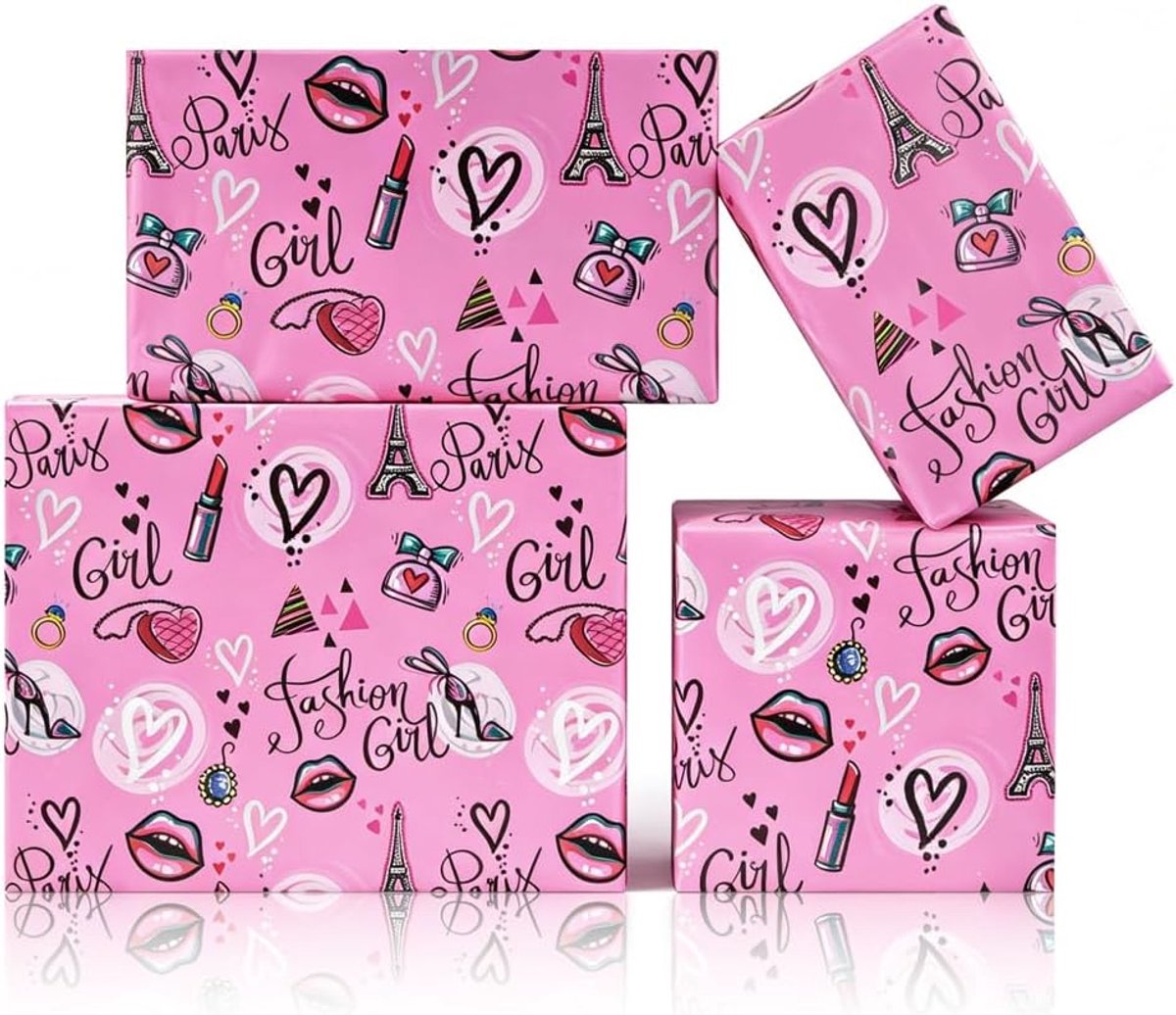 Inpakpapier Parijse mode 50x70cm - trendy roze - Eiffeltoren en lippenstift - perfect voor meisjes verjaardag - ShopVlot